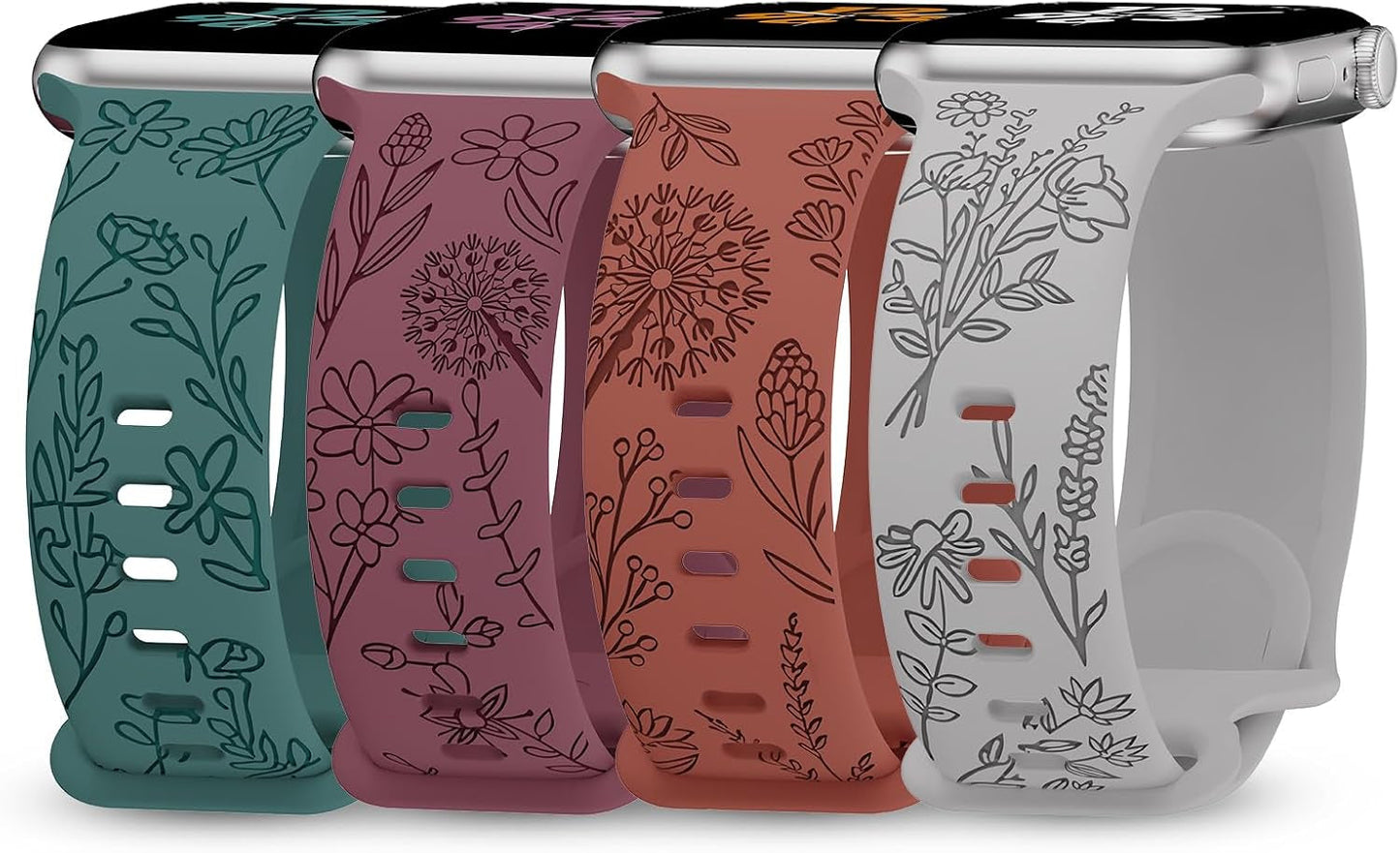 4 Pack Floral Engraved Bands Compatible with Apple Watch Bands 38Mm 40Mm 41Mm 42Mm 44Mm 45Mm 49Mm Women