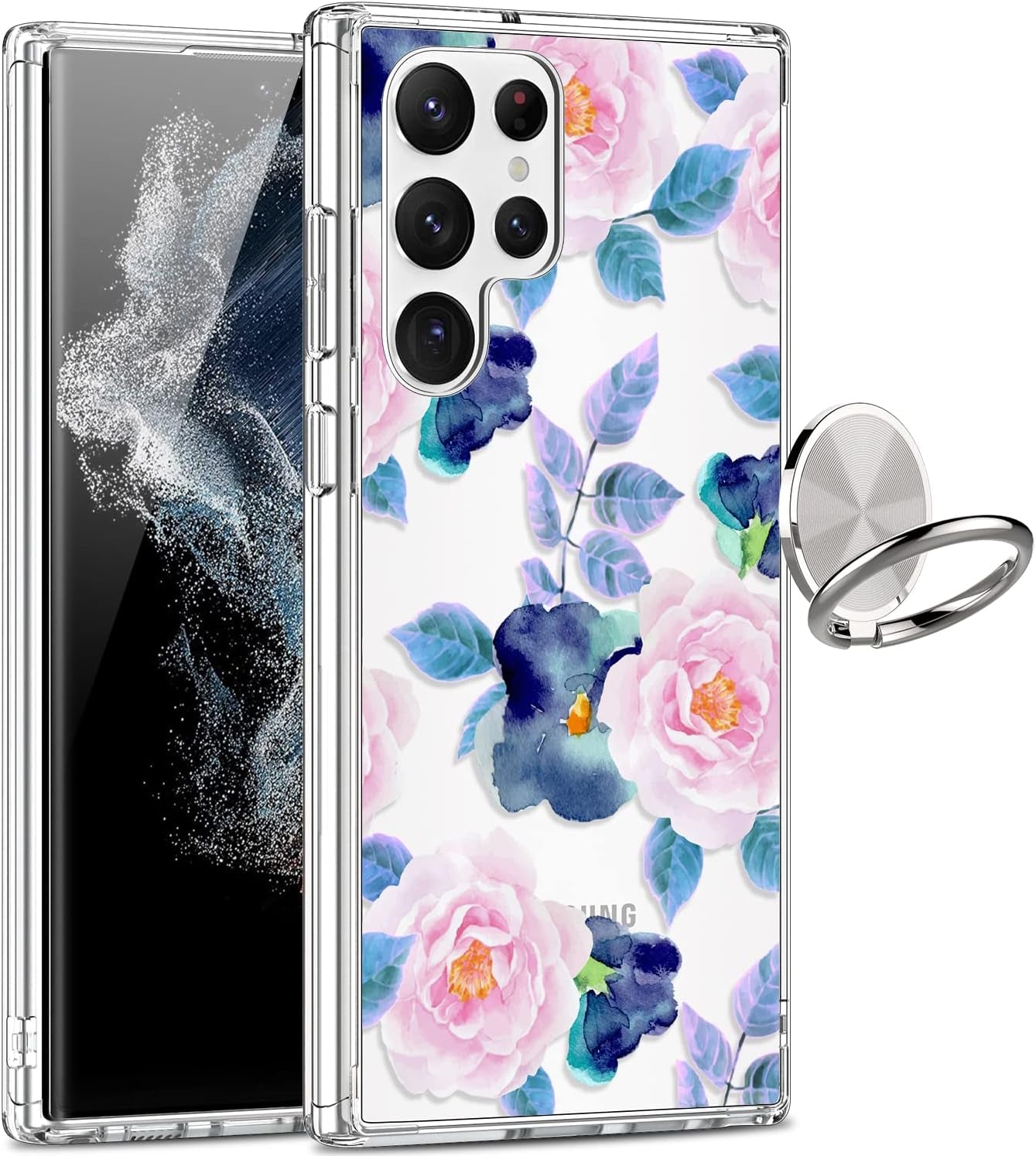 Giika for Galaxy S22 Ultra Case, Clear Girls Women Heavy Duty Shockproof Protective Hard Phone Cover Case for Samsung Galaxy S22 Ultra, Blue Flowers
