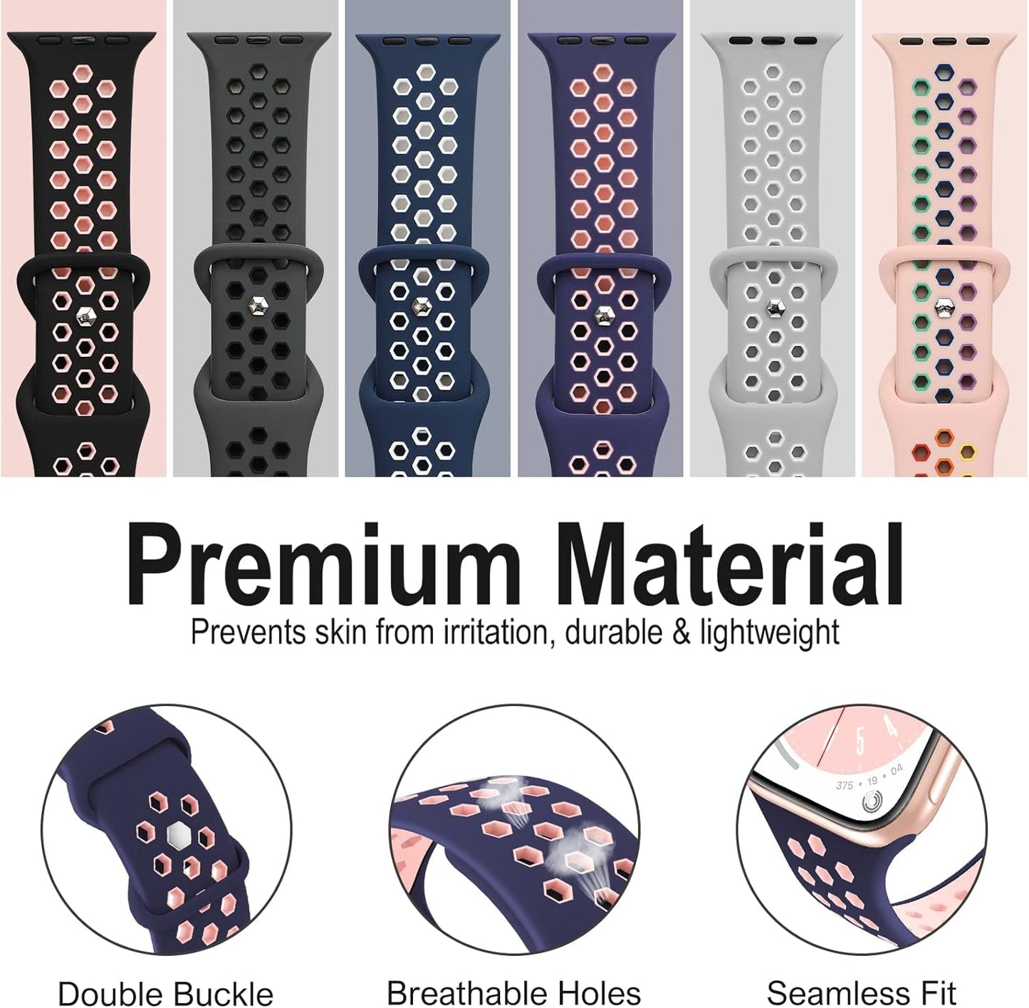 Aopigavi 6 Pack Breathable Sport Bands Compatible with Apple Watch Band 38Mm 40Mm 41Mm 42Mm 44Mm 45Mm 49Mm for Women Men, Soft Silicone Strap Wristband for Iwatch SE Series Ultra 9/8/7/6/5/4/3/2/1 Band