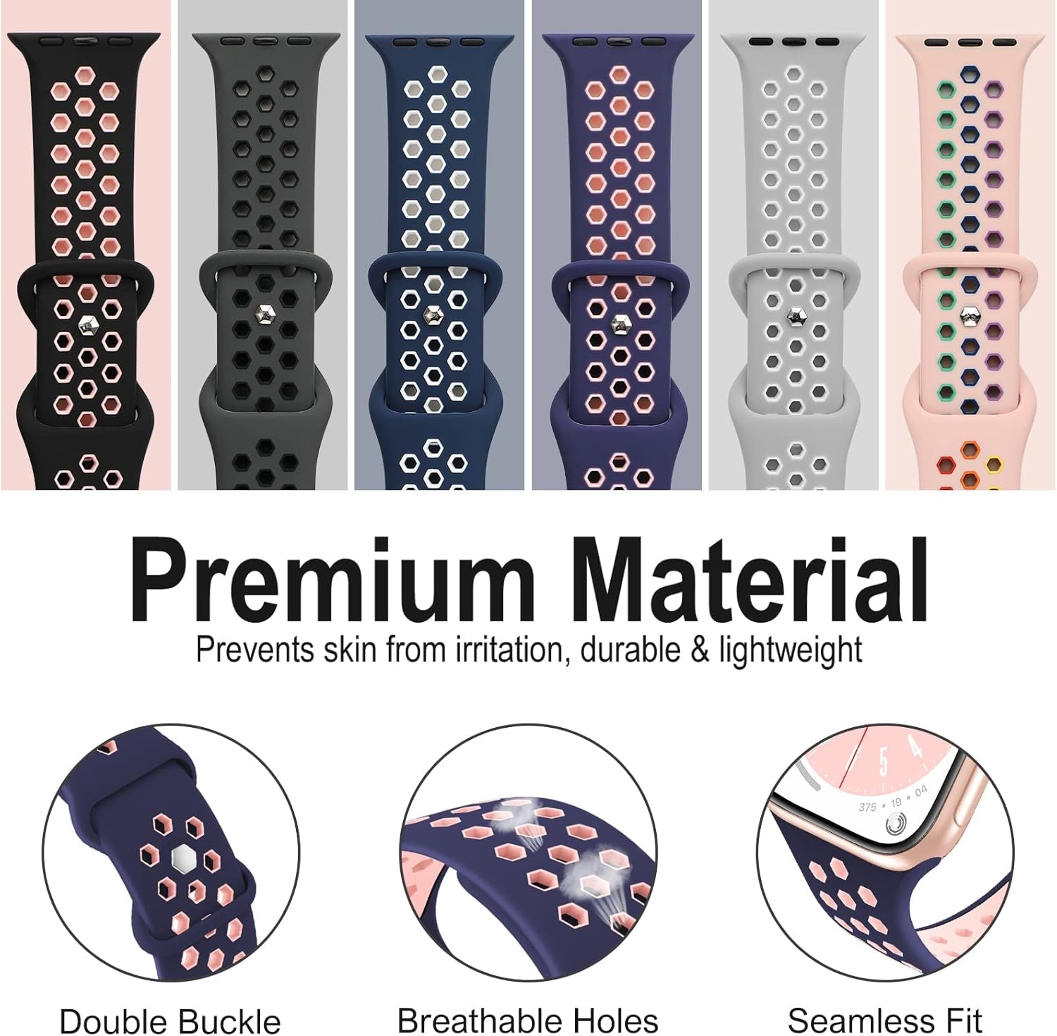 Aopigavi 6 Pack Breathable Sport Bands Compatible with Apple Watch Band 38Mm 40Mm 41Mm 42Mm 44Mm 45Mm 49Mm for Women Men, Soft Silicone Strap Wristband for Iwatch SE Series Ultra 9/8/7/6/5/4/3/2/1 Band