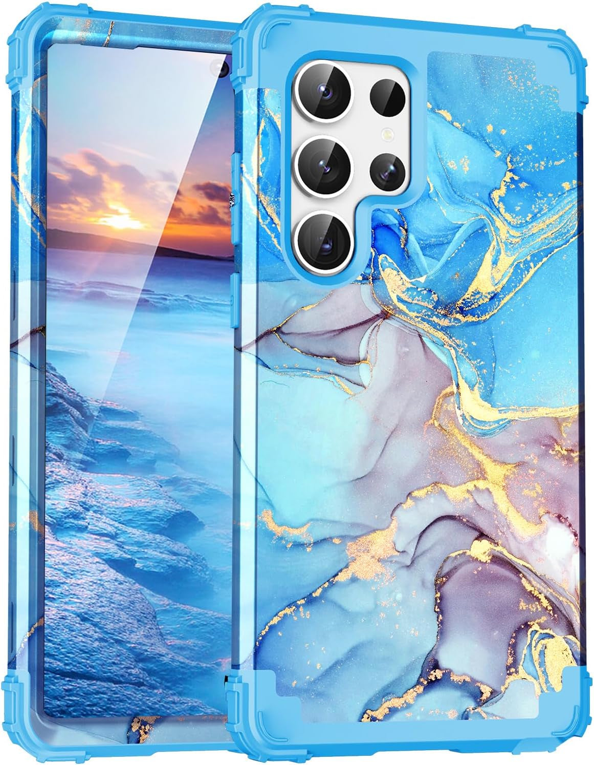 For Galacy S20 FE 5G Case,Marble Design Three Layer Heavy Duty Shockproof Protection Hard Plastic Bumper Soft Silicone Rubber Drop Protective Cover Case for Galaxy S20 FE 6.5 Inch,(Blue)