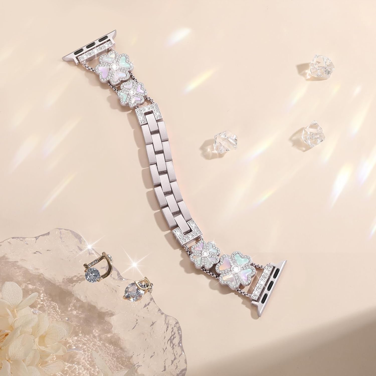 Diamond Metal Band Compatible with Apple Watch Bands Women 38Mm 40Mm 41Mm 42Mm 44Mm 45Mm 49Mm, Fashion Four Leaf Clover Jewelry Bracelets Straps for Iwatch SE Series 9 8 7 6 5 4 3 2 1 Ultra