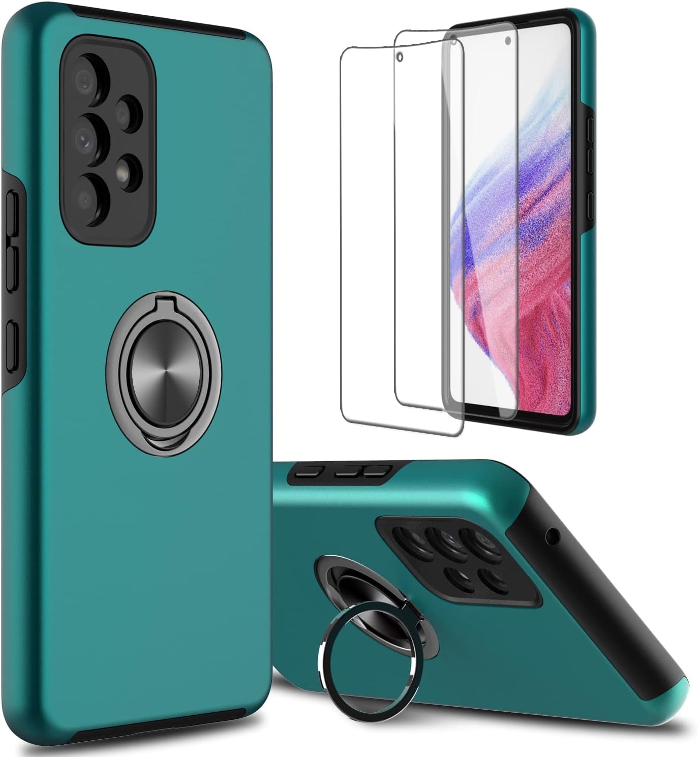 For Samsung Galaxy A53 5G Phone Case with TPU Screen Protector, Ring Holder Kickstand Drop Proof Protective Slim Hard Dual Layer Stand Non-Slip Tough Cover Cell Phone Case (Green)