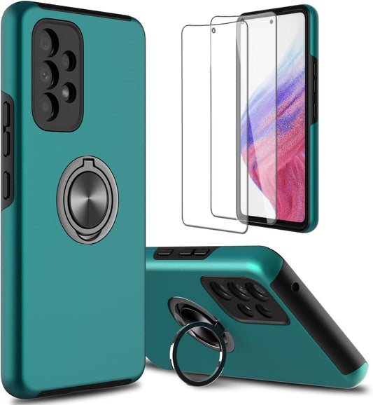 For Samsung Galaxy A53 5G Phone Case with TPU Screen Protector, Ring Holder Kickstand Drop Proof Protective Slim Hard Dual Layer Stand Non-Slip Tough Cover Cell Phone Case (Green)