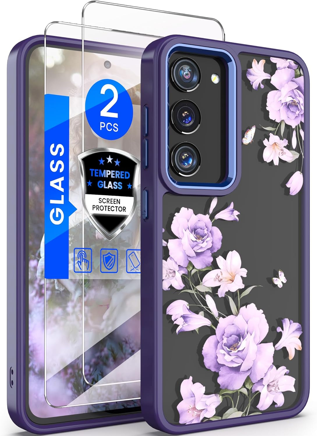 Dretal for Samsung Galaxy S22 5G Case Floral, Military Grade Drop Tested Hard Back & Soft Edge Slim Flower Women Girls Phone Protective Cover + Tempered Glass Screen Protector (Deep Purple)