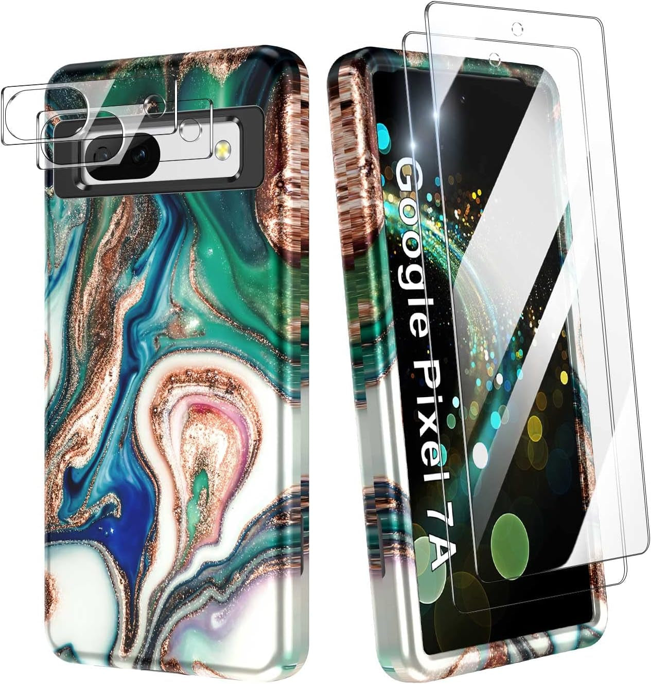 Btscase for Google Pixel 7A Case, [5 in 1] with 2 Pack Screen Protector + 2 Pack Camera Lens Protector, Marble Pattern Full Body Three Layer Rugged Shockproof Protective Cover (2023), Blue Pink  Btscase Blue/Drift Sand  