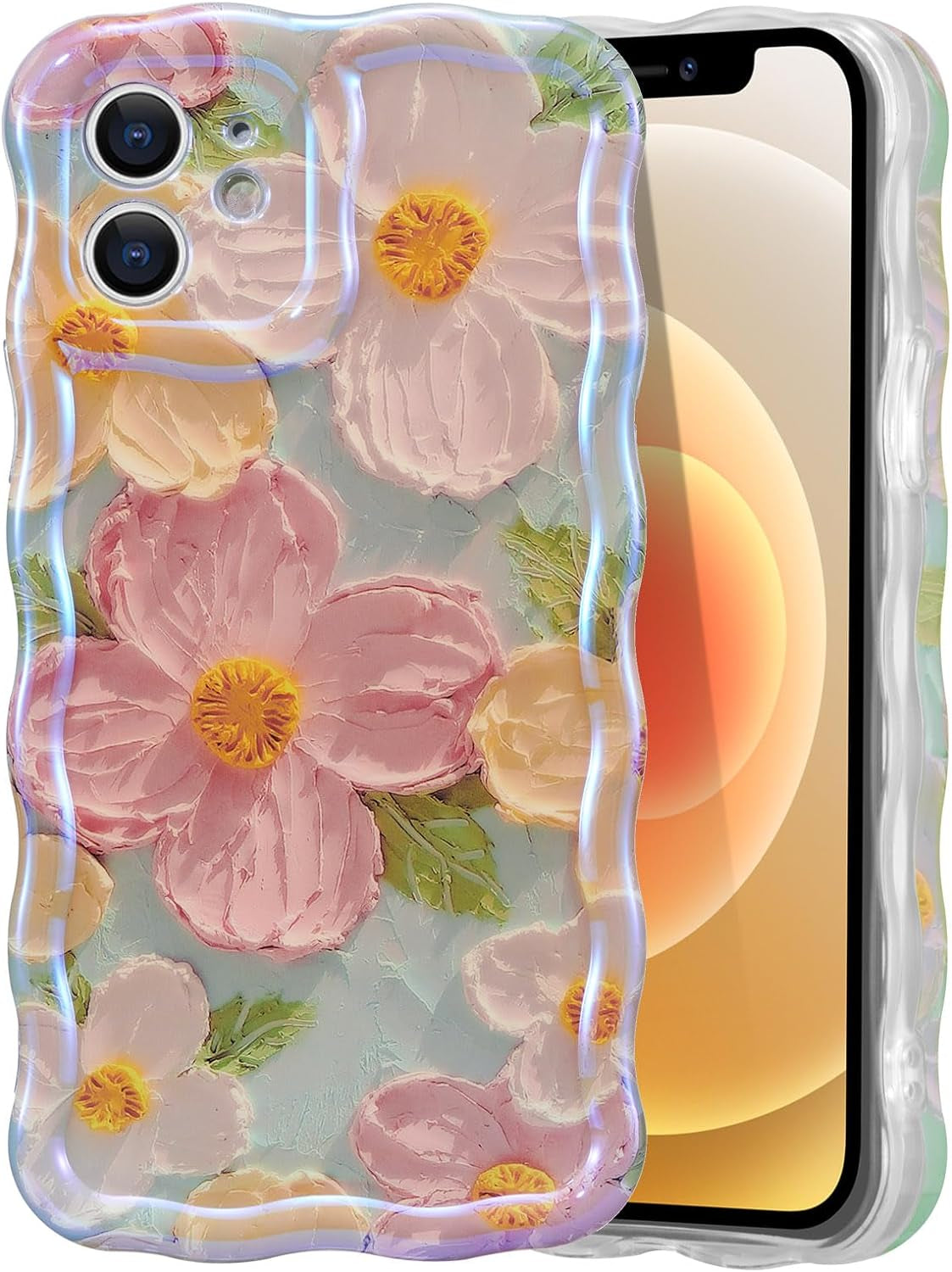 EYZUTAK Case for Iphone 14 Pro, Colorful Retro Oil Painting Flower Leaf Laser Glossy Pattern Cute Curly Wave Edge Exquisite Phone Cover Stylish Durable TPU Protective Case for Girls Women - Blue Green  EYZUTAK Green Iphone 11 