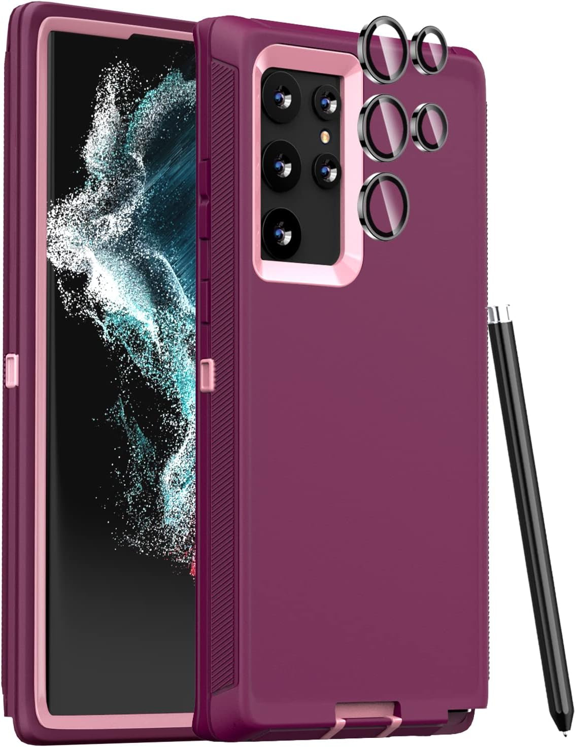 FEIYAR HOME Case for Samsung Galaxy S22 Ultra Case, with Tempered Glass Camera Lens Protector, Rugged Heavy Duty Case for Galaxy S22 Ultra, Wine Pink