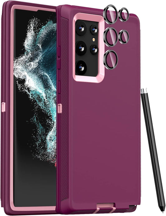 FEIYAR HOME Case for Samsung Galaxy S22 Ultra Case, with Tempered Glass Camera Lens Protector, Rugged Heavy Duty Case for Galaxy S22 Ultra, Wine Pink