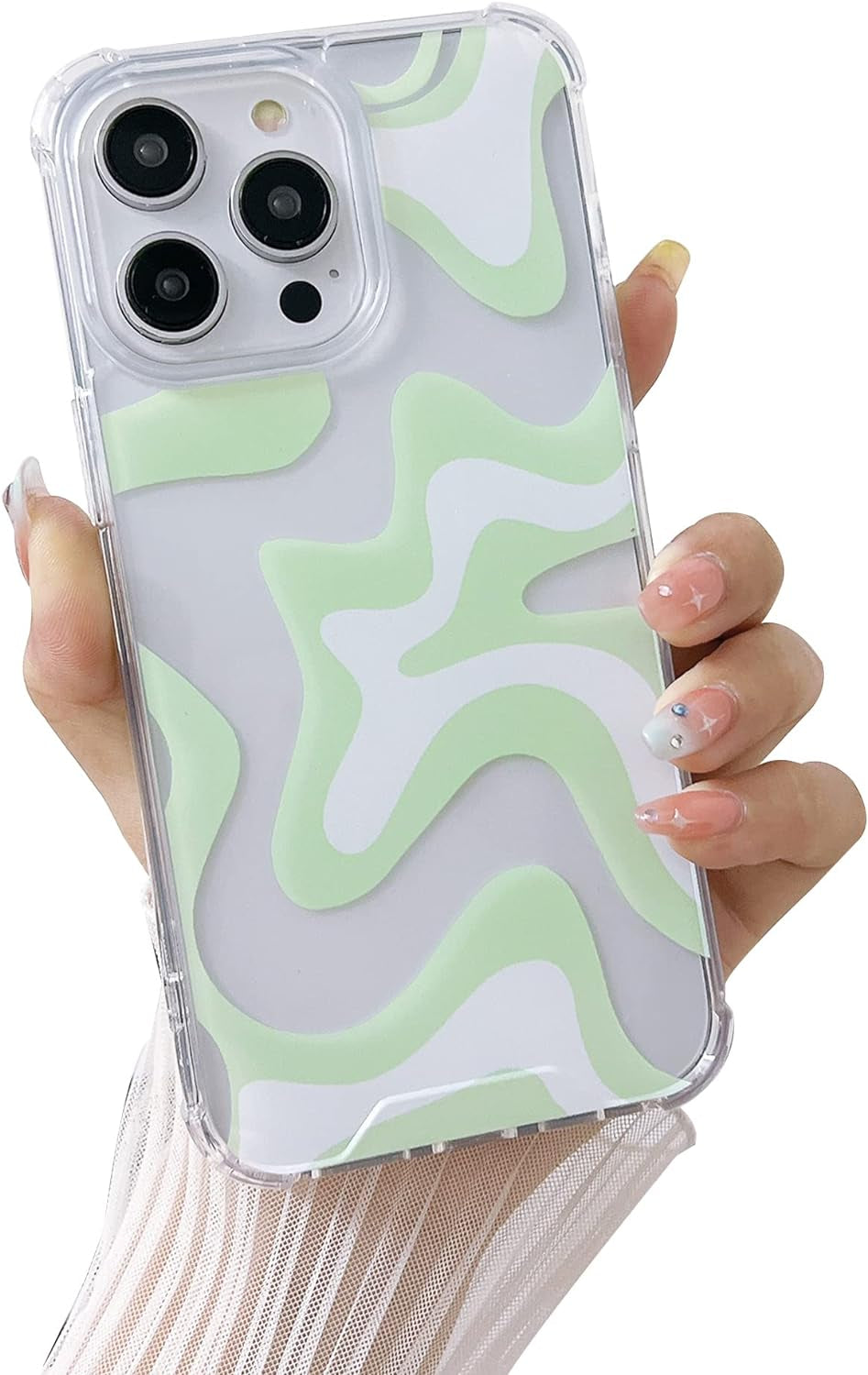 Ginkgonut Compatible with Iphone 14 Pro Case, Fashion Simple Cute Wavy Pattern Case for Women Girls Soft Tpu+Hard PC Protection Case for Iphone 14 Pro-Blue  Ginkgonut Green Iphone 15 Pro Max 