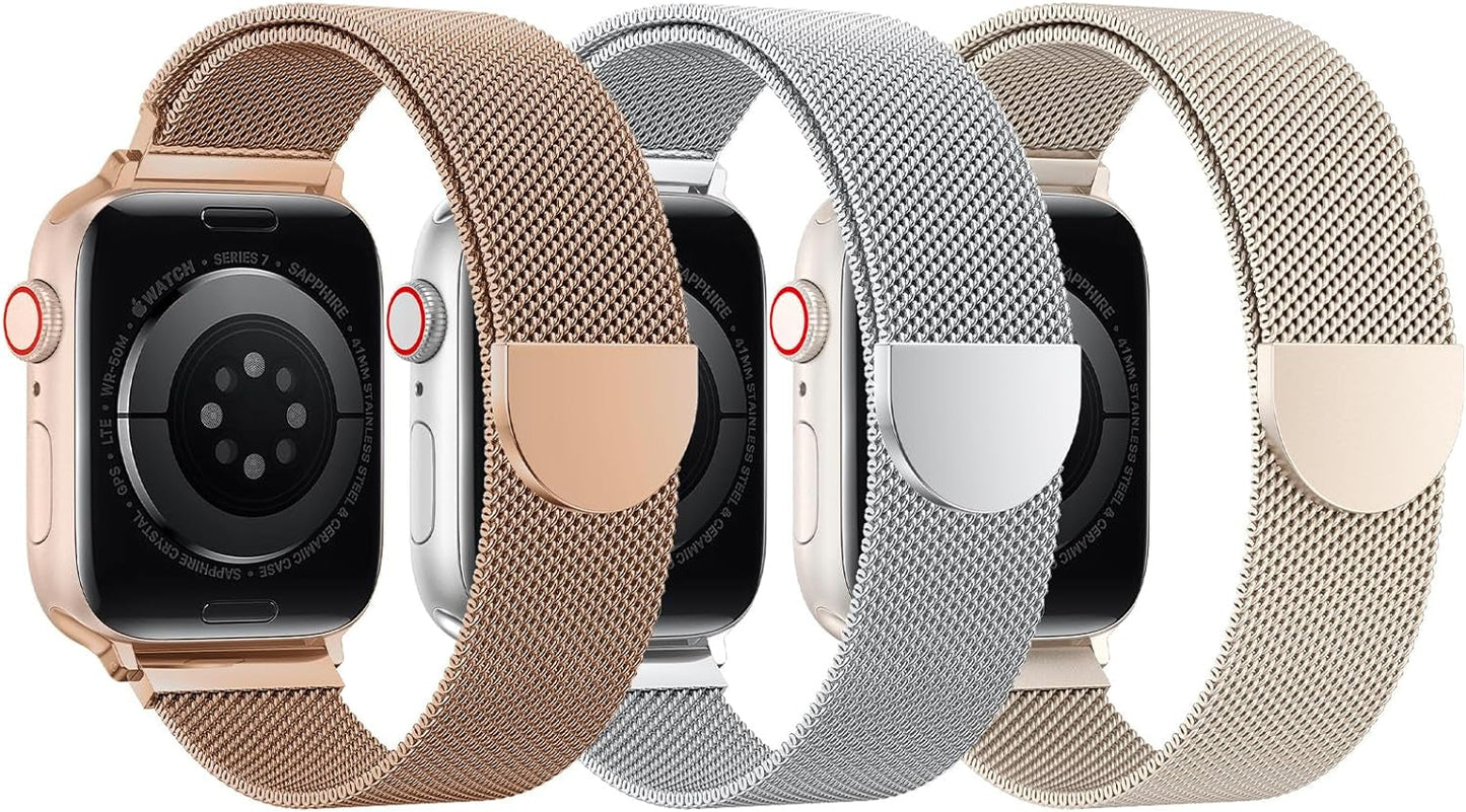 BELONGME 3 Pack Mesh Loop Compatible with Apple Watch Band 40Mm 41Mm 38Mm 42Mm 44Mm 45Mm 49Mm Series Ultra SE 9 8 7 6 5 4 3 2 1 Women Men, Stainless Steel Metal Strap Magnetic Clasp for Iwatch Bands