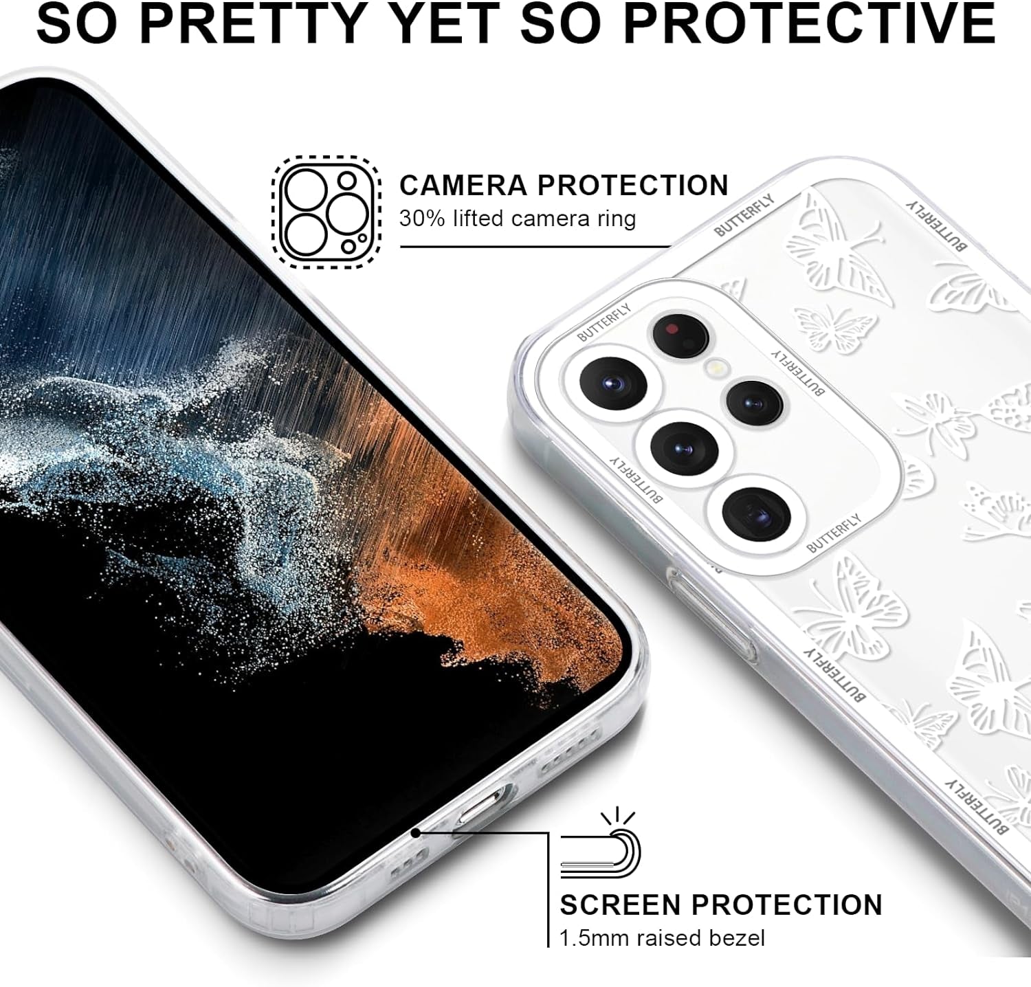 2 Pack Cute Clear Print for Samsung Galaxy A53 5G 6.5" Phone Case, Butterfly Aesthetic Transparent Cases Soft Silicone Slim TPU Shockproof Protective Cover for Women Girls-Butterflies