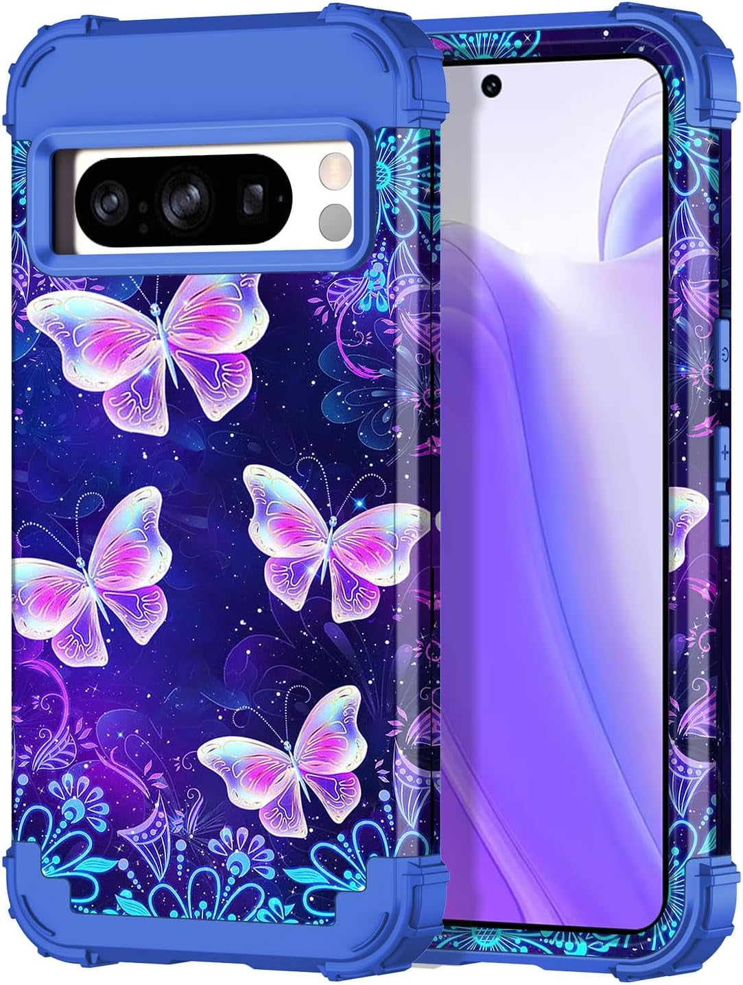 Btscase for Google Pixel 8 Pro Case (2023), Marble Pattern 3 in 1 Heavy Duty Shockproof Full Body Rugged Hard Pc+Soft Silicone Drop Protective Women Girl Cover for Google Pixel 8 Pro, Blue Pink  Btscase Blue Butterfly  