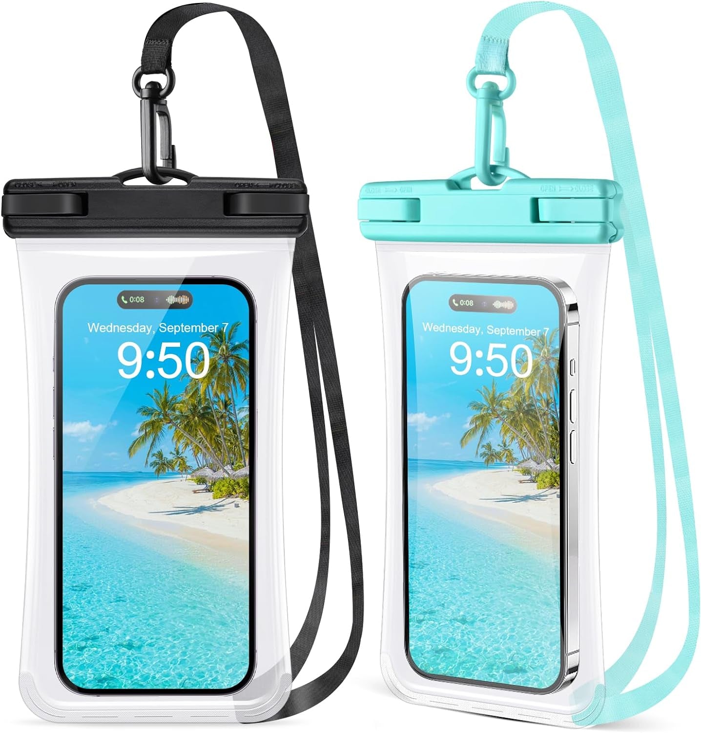2 Pack Waterproof Phone Pouch, Waterproof Phone Case for Iphone 15 Pro Max Plus, Galaxy S24 S23 S22, Pixel 8A 7A up to 7.2", Underwater Dry Bag Beach Vacation, Black & Black