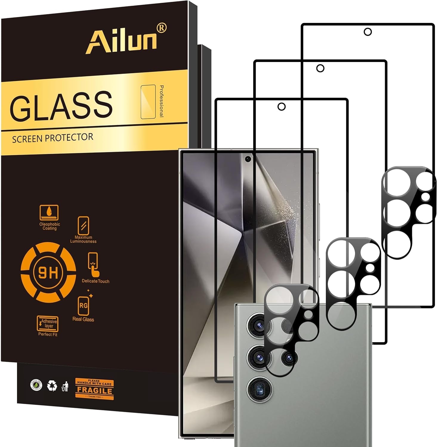 Ailun Glass Screen Protector for Galaxy S24 3 Pack + 3 Pack Camera Lens Tempered Glass Fingerprint Unlock Compatible 0.25Mm Anti-Scratch Case Friendly Clear - HD
