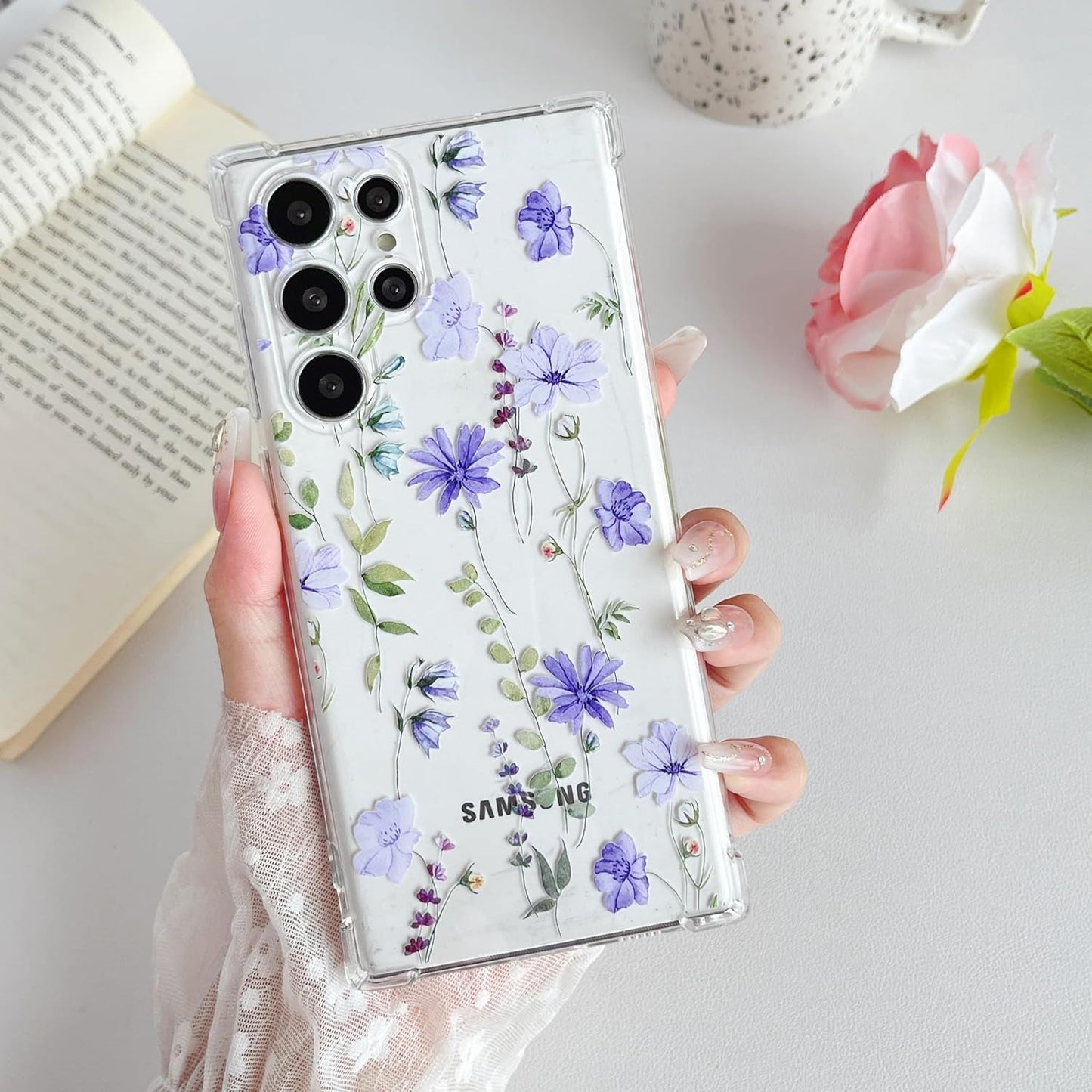 DEFBSC Soft Case Compatible with Samsung Galaxy S22 Ultra, Clear Floral Flower Pattern Print Design Flexible TPU Shockproof Cover for Women Girls,Flower Protective Phone Case, Purple Peony