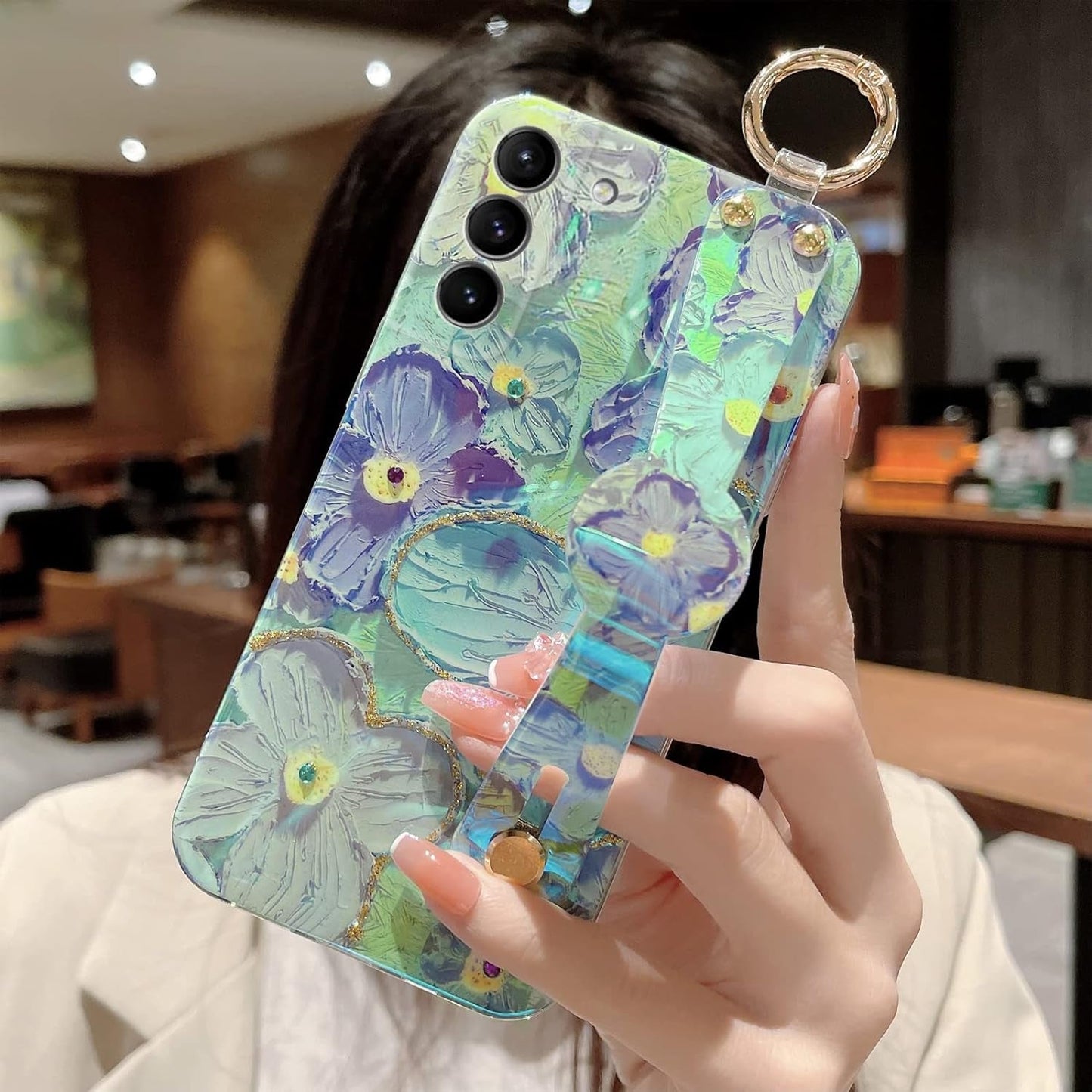 For S22 Phone Case, Galaxy S22 Case for Elegant Cute Flower Petals with Wrist Band Kickstand Ultra Slim IMD Soft TPU Shockproof Protection Holder Cover for Samsung S22