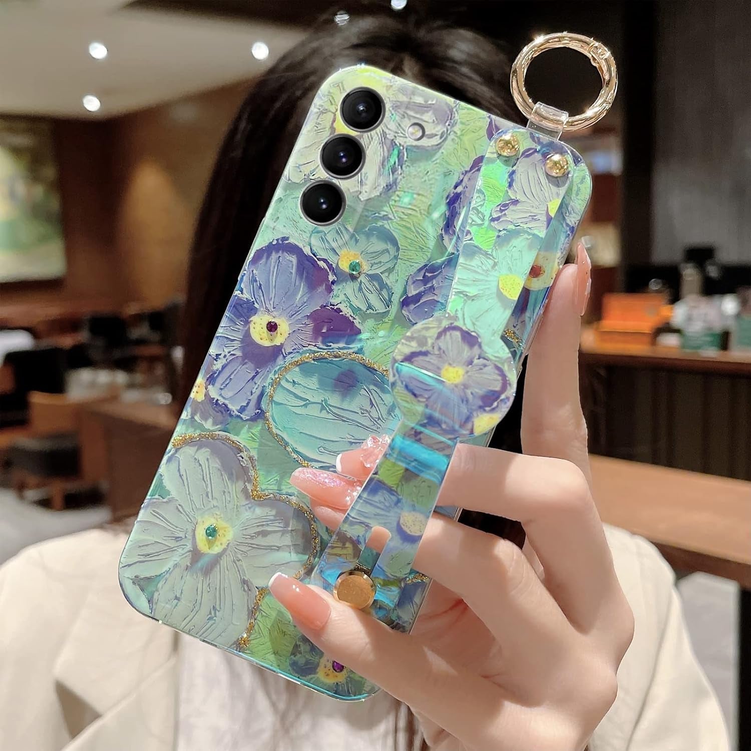 For S22 Phone Case, Galaxy S22 Case for Elegant Cute Flower Petals with Wrist Band Kickstand Ultra Slim IMD Soft TPU Shockproof Protection Holder Cover for Samsung S22