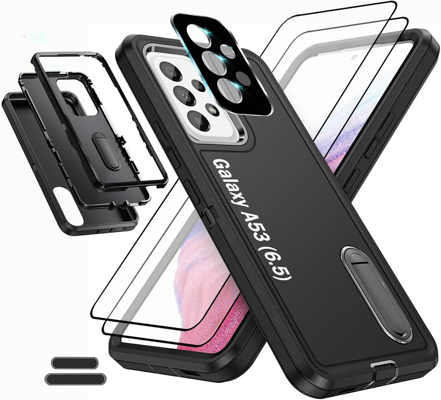 Case Is Specially Designed for Galaxy A53(5G) 6.5 Inch, Full Body Protection Heavy Duty Shock Absorbing 3 in 1 Silicone Rubber Built-In Stand with 2 Tempered Screen Protectors-Orange/Clear