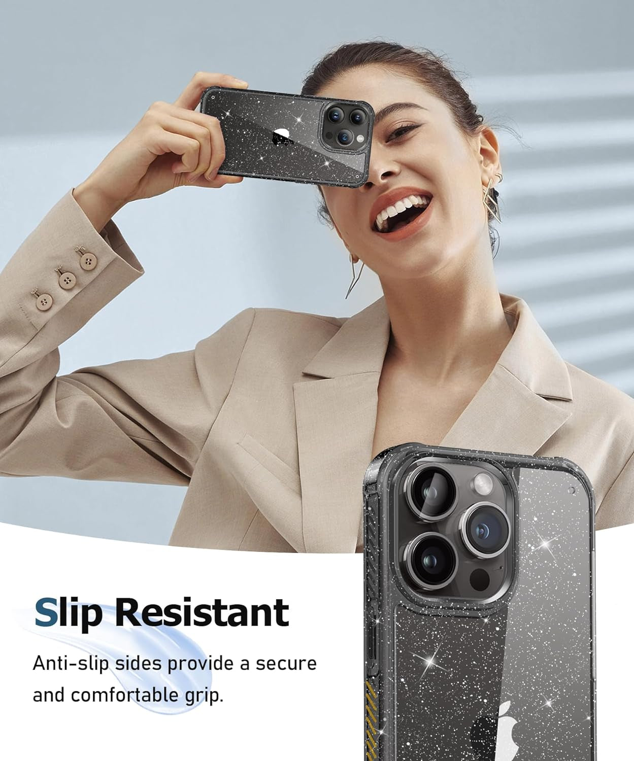 MIODIK Case Compatible with Iphone 15 Pro Clear Glitter, 2Pcs Screen Protector + 2Pcs Camera Protector, Women Cute [Military-Grade Protective] [Anti-Yellowing] Slim Cover 6.1" 2023 (Sparkle Black)  MIODIK   