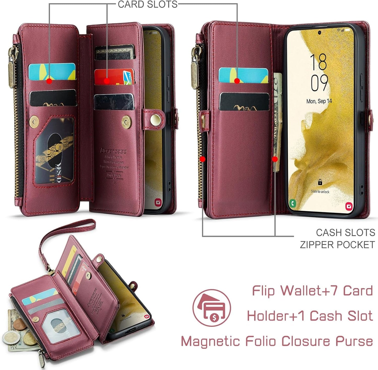 Defencase for Samsung Galaxy S22 Case, 【RFID Blocking】 for Galaxy S22 Case Wallet for Women Men with Card Holder, Fashion PU Leather Magnetic Flip Strap Phone Case for Samsung S22 6.1", Wine Red