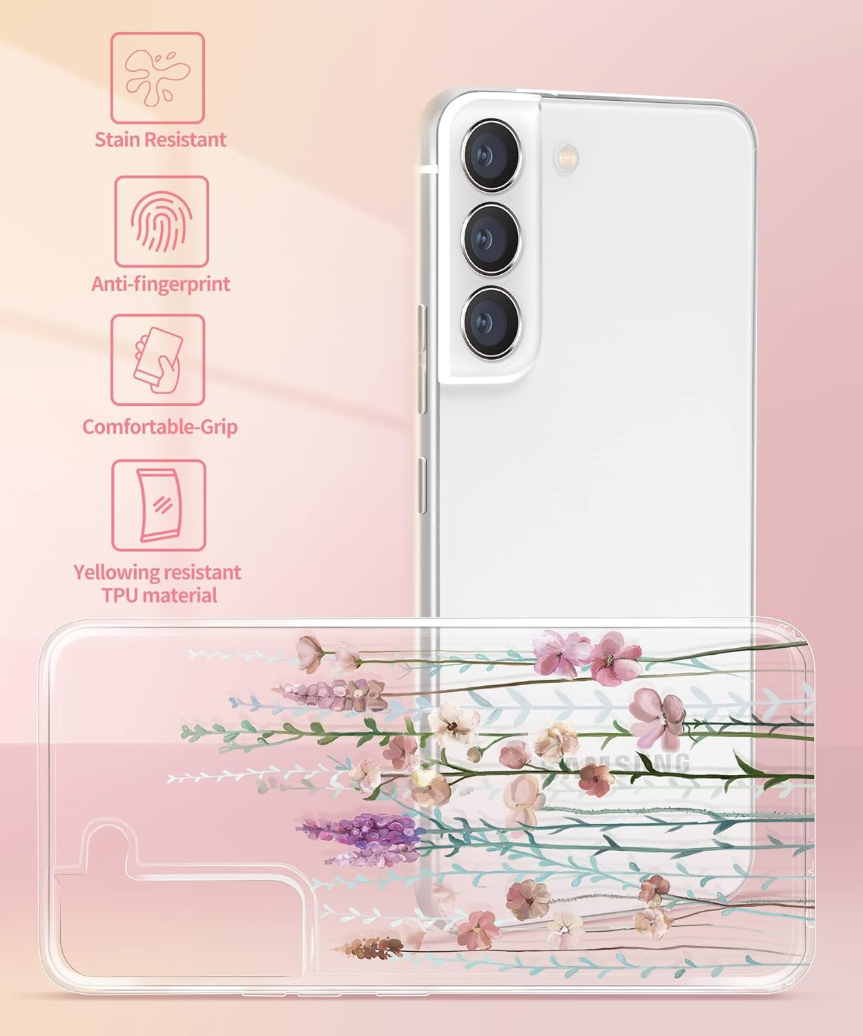 Gronda Case for Samsung Galaxy S22 Cute Floral Design Case for Galaxy S22 anti Yellowing Slim S22 Phone Case for Women, Flowers Blooming