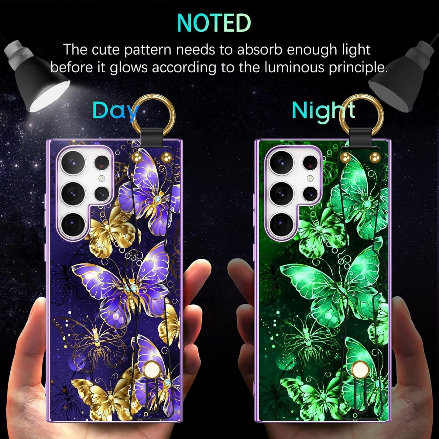DUEDUE for Samsung Galaxy S22 Ultra Case, Glow in the Dark Butterfly Slim Cover with Hand Strap Hybrid Hard PC anti Slip Shockproof Full Protective Phone Case for Galaxy S22 Ultra 6.8", Purple