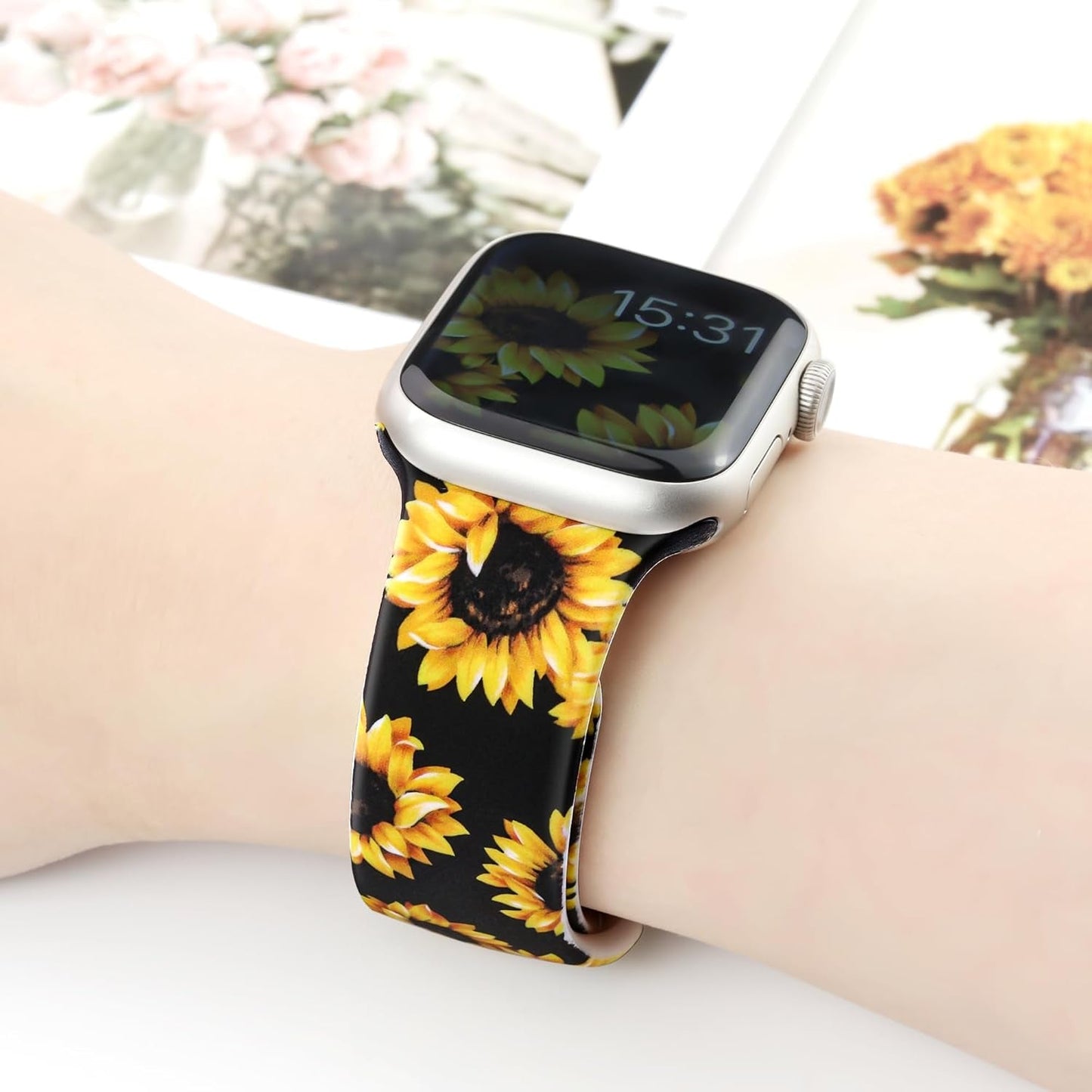 2 Pack Silicone Floral Band for Apple Watch Bands 41Mm 40Mm 38Mm for Women, Cute Flower Printed for Iwatch Bands, Fancy Dressy Soft Sport Strap for Apple Watch Band Series 9 8 7 SE 6 5 4 3