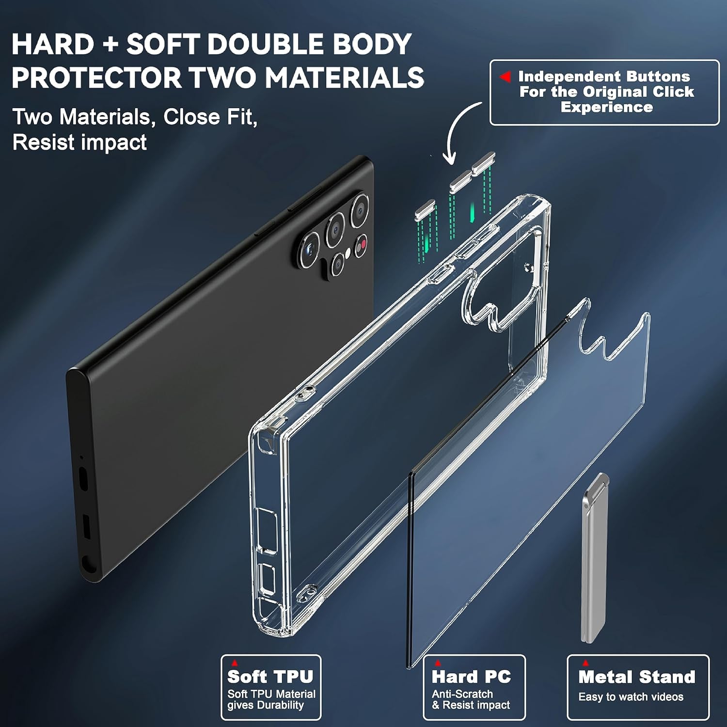 CEDO Kickstand Case for Samsung Galaxy S22 Ultra, 3-Way Mode Built-In Metal Stand Phone Case, Mil-Grade Shockproof Bumper, Transparent Acrylic & Slim Fit, Designed for Samsung S22 Ultra, Crystal Clear