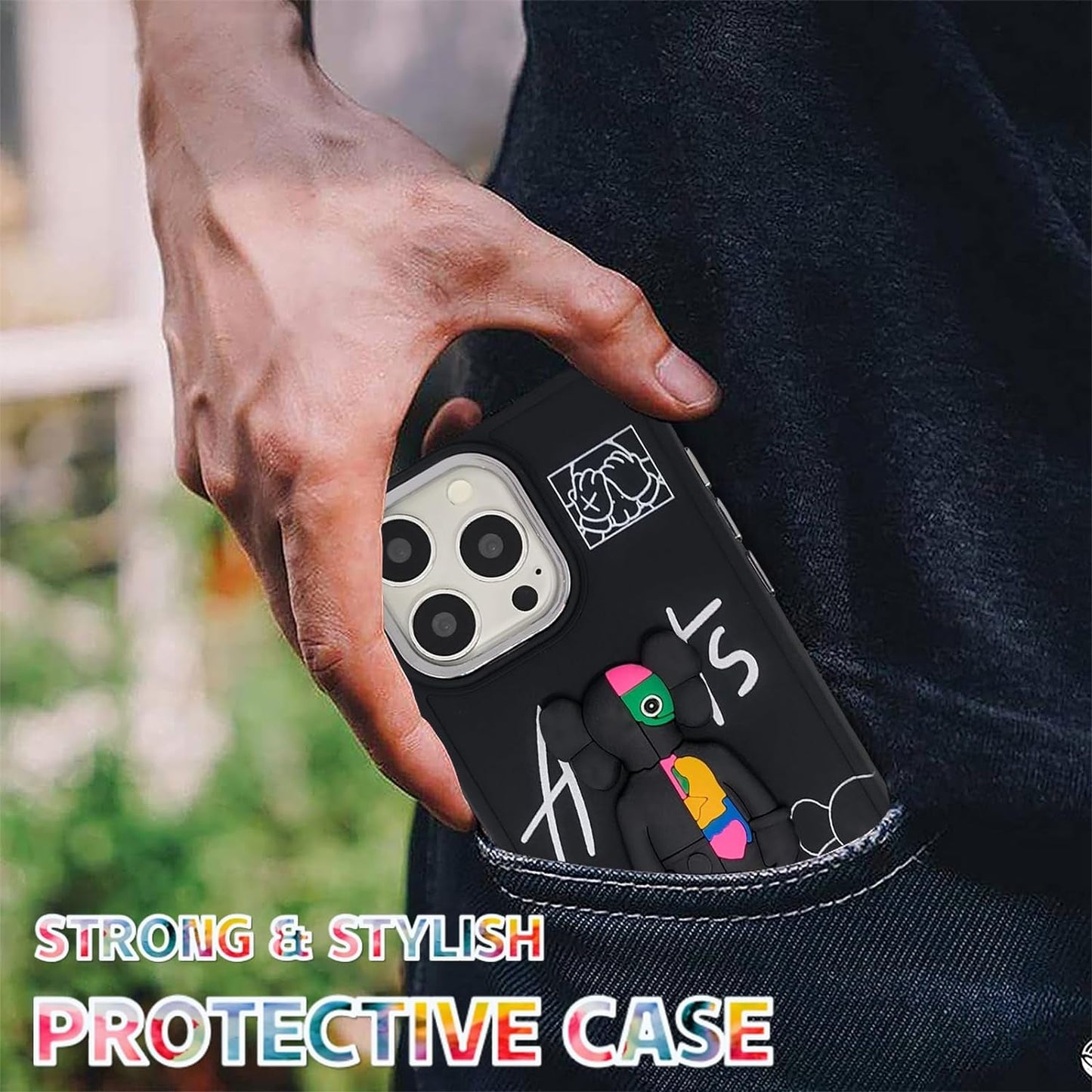 DOWINTIGER Compatible with Iphone 15 Pro Max Case Street Fashion Designer for Boys Men Kids Teen, Cool Anime 3D Cartoon Shockproof TPU Protection Cover Black  DOWINTIGER   