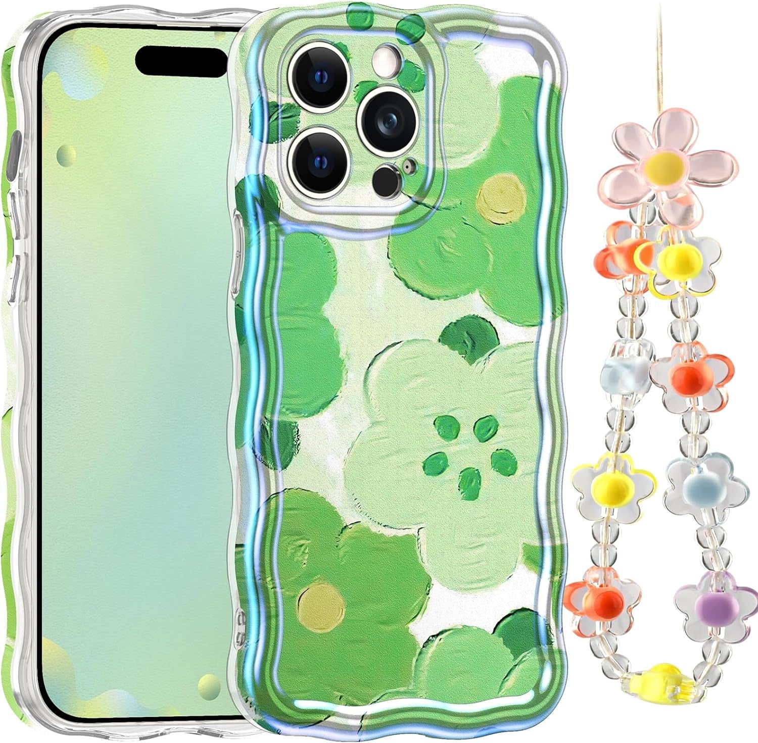 LONTECT for Iphone 14 Pro Max Case Shockproof Slim Full Body Protective Cute Curly Wave Border Camera Protection Cover+Flower Beads Chain Girls Women Case for Apple Iphone 14 Pro Max,Pink Butterfly  Lontect Green Flower Apple Iphone 14 Pro Max 6.7" 