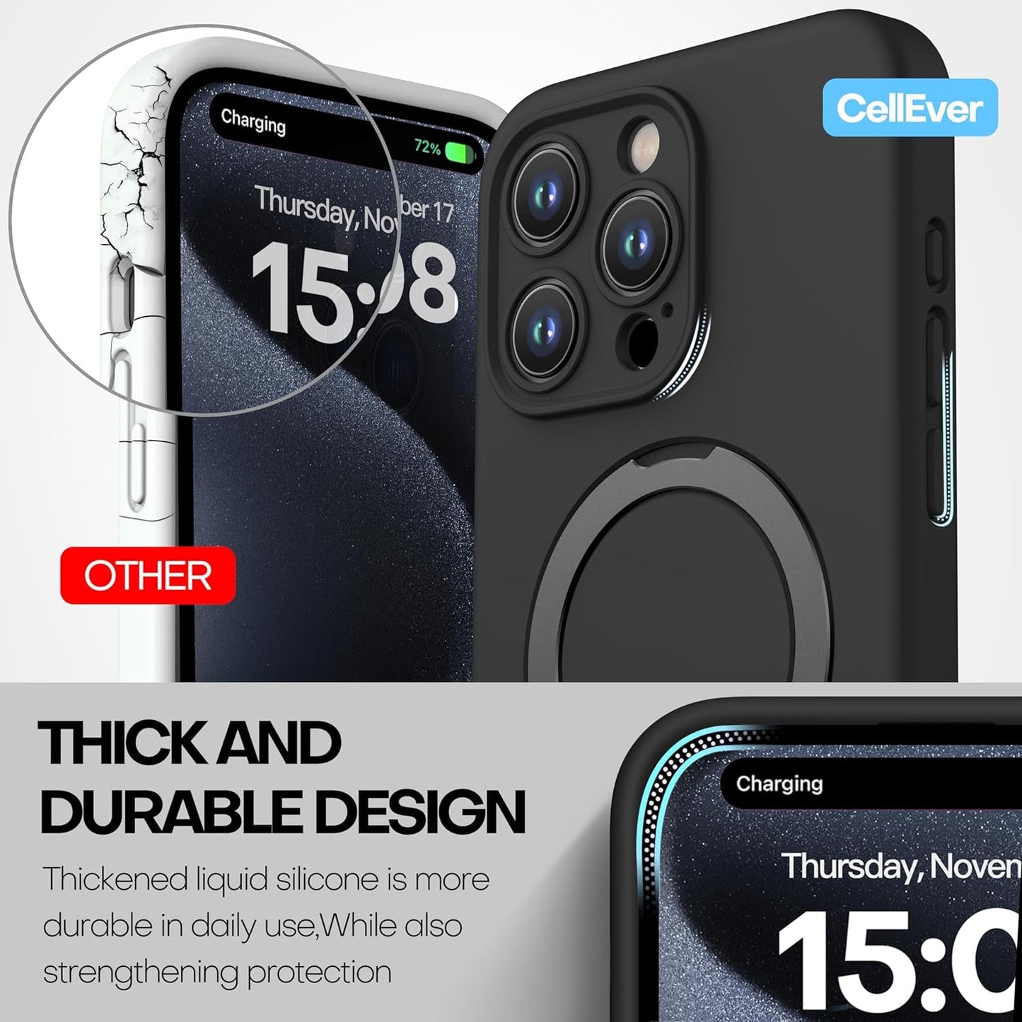 Cellever Magnetic Silicone for Iphone 15 Pro Case [Camera Cover] Military Grade Protection [Compatible with Magsafe] [Slim] Durable Soft Grip Cover with Kickstand, Black  CellEver   