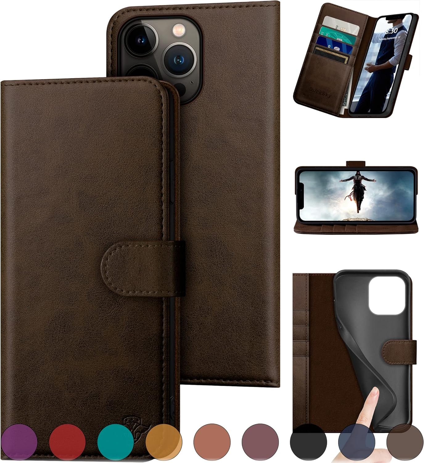 Ducksky for Iphone 15 Pro 6.1" Genuine Leather Wallet Case 【RFID Blocking】【4 Credit Card Holder】【Real Leather】 Flip Folio Book Phone Case Protective Cover Women Men for Apple 15 Pro Case Khaki  DuckSky   