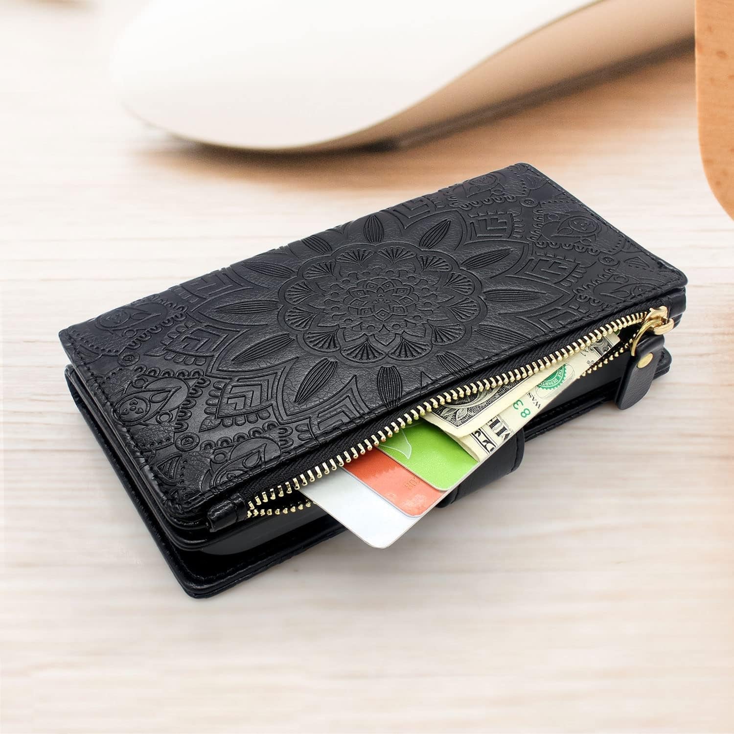 Harryshell Compatible with Iphone 14 Pro 6.1 Inch 5G 2022 Wallet Case Detachable Magnetic Cover Zipper Cash Pocket Multi Card Slots Holder Wrist Strap Lanyard (Floral Black)  Harryshell   