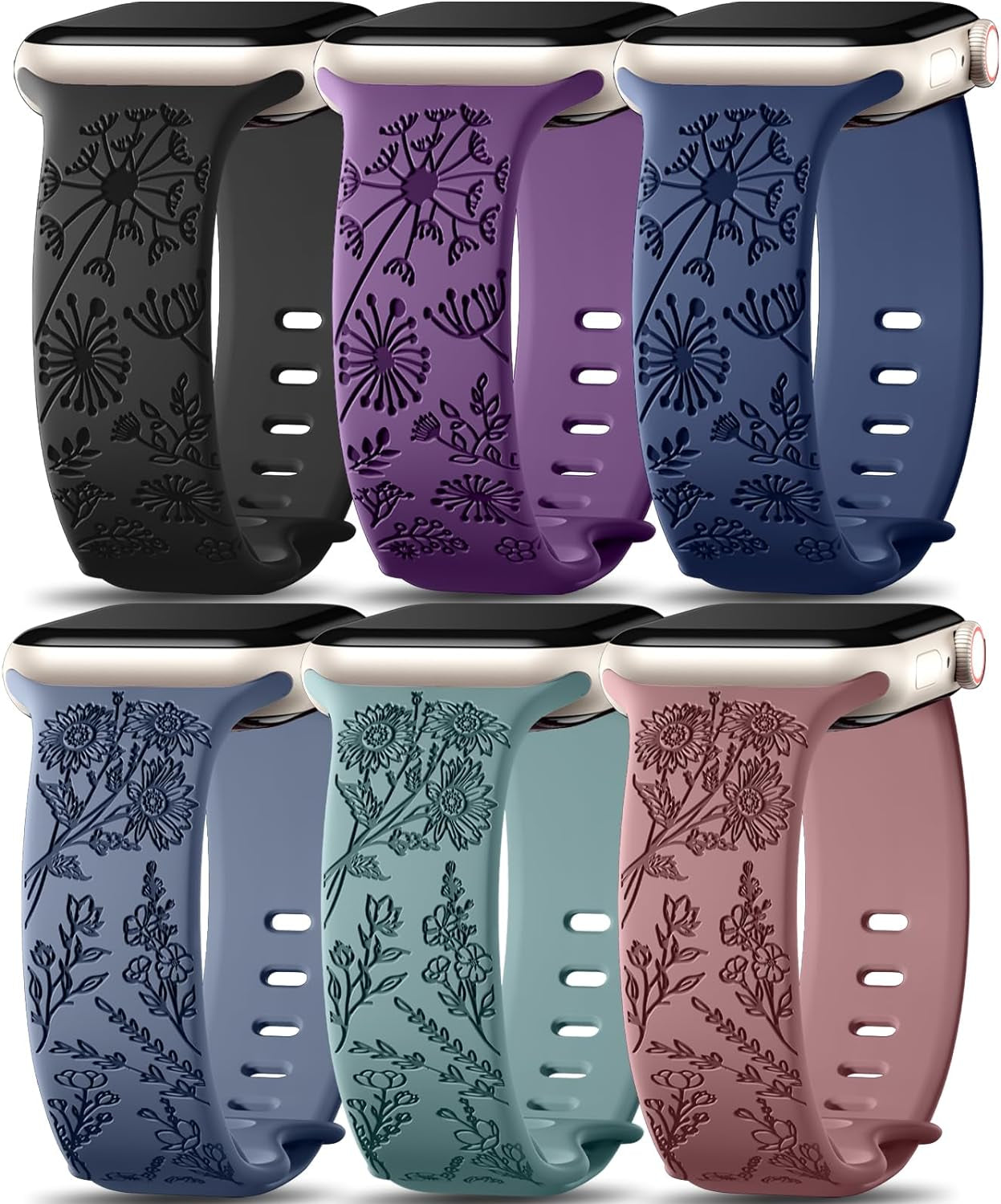 6 Pack Flower Engraved Bands Compatible for Apple Watch Band 40Mm 41Mm 38Mm 42Mm 44Mm 45Mm 49Mm Women,Soft Silicone Cute Wildflowers Sport Laser Strap for Iwatch Bands Series 9 Ultra SE 8 6 5 4 3 2 1
