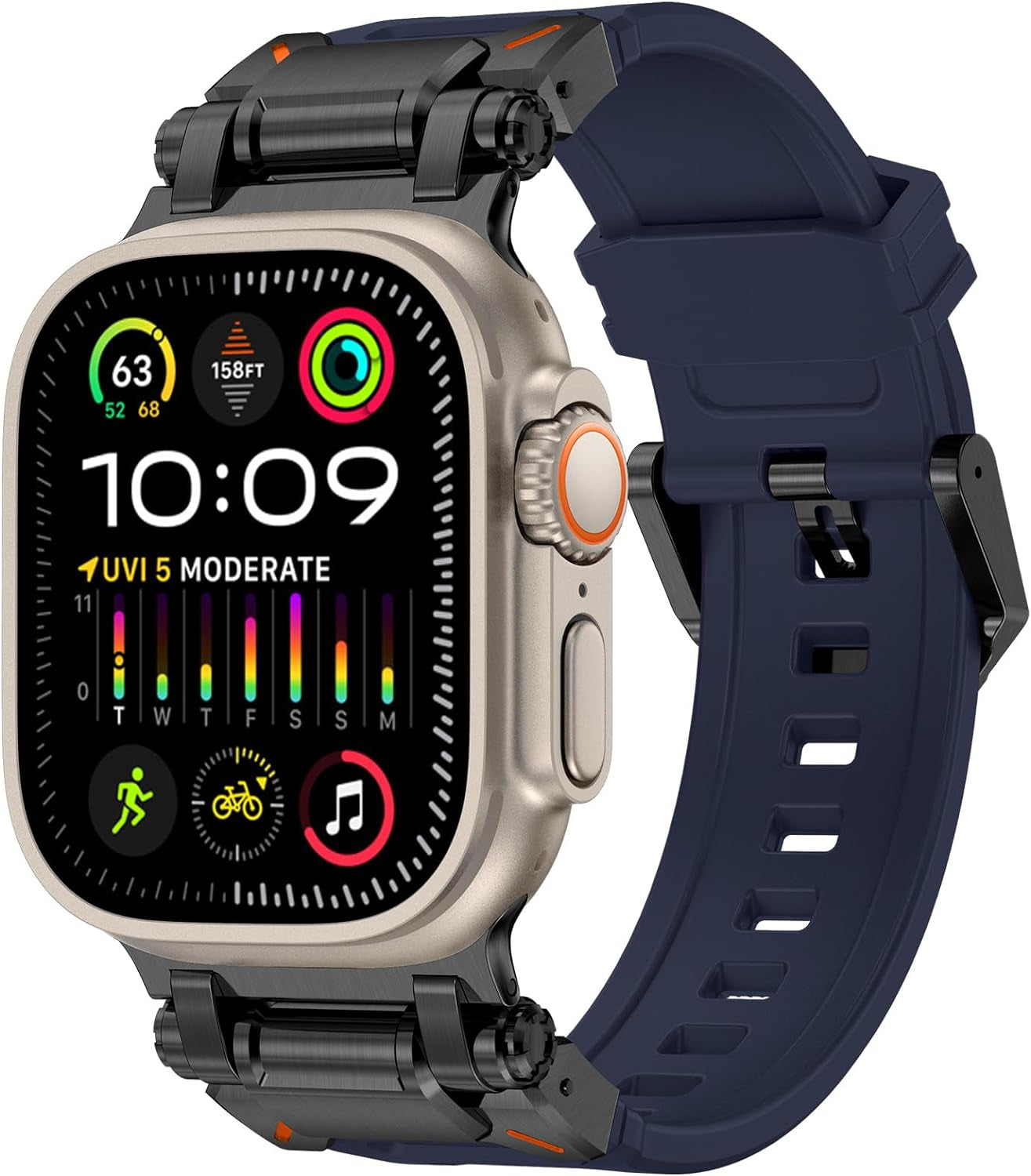 FULLIFE for Apple Watch Band for Apple Watch Ultra Band Apple Watch Ultra 2 49Mm for Men, Silicone Rubber Bands for Series 9/8/SE2/7/6/SE/5/4/3/2/1 45Mm 44Mm 42Mm Stainless Steel Metal Connector Band