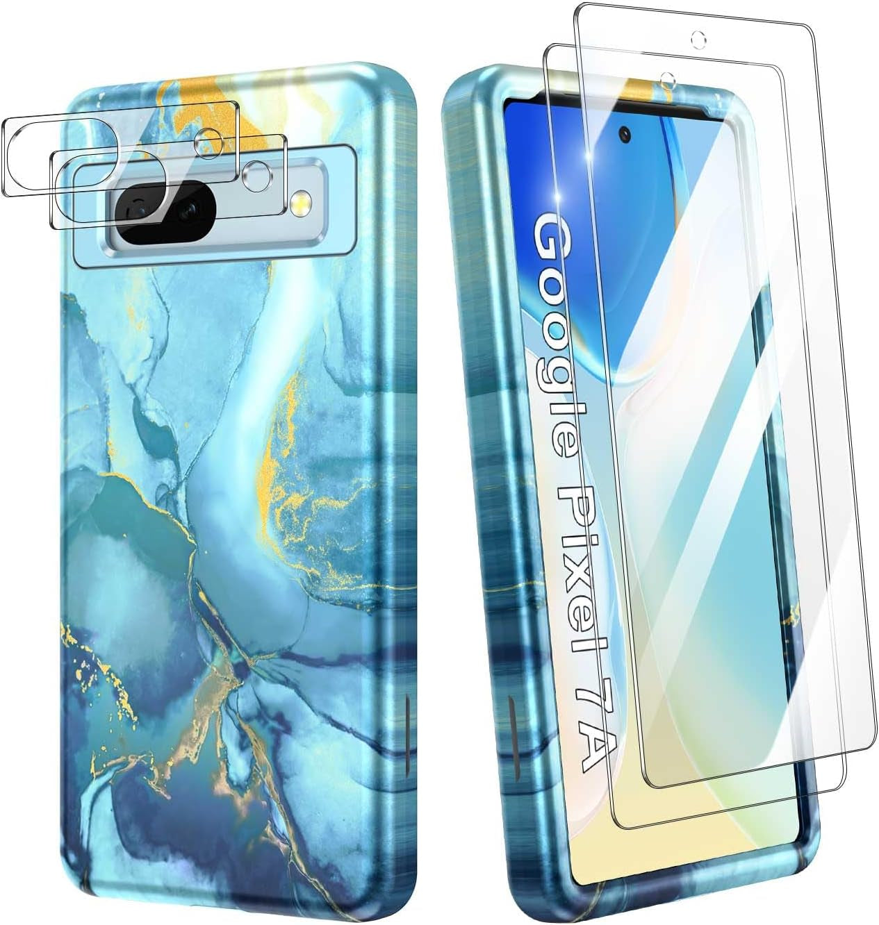 Btscase for Google Pixel 7A Case, [5 in 1] with 2 Pack Screen Protector + 2 Pack Camera Lens Protector, Marble Pattern Full Body Three Layer Rugged Shockproof Protective Cover (2023), Blue Pink  Btscase Blue  