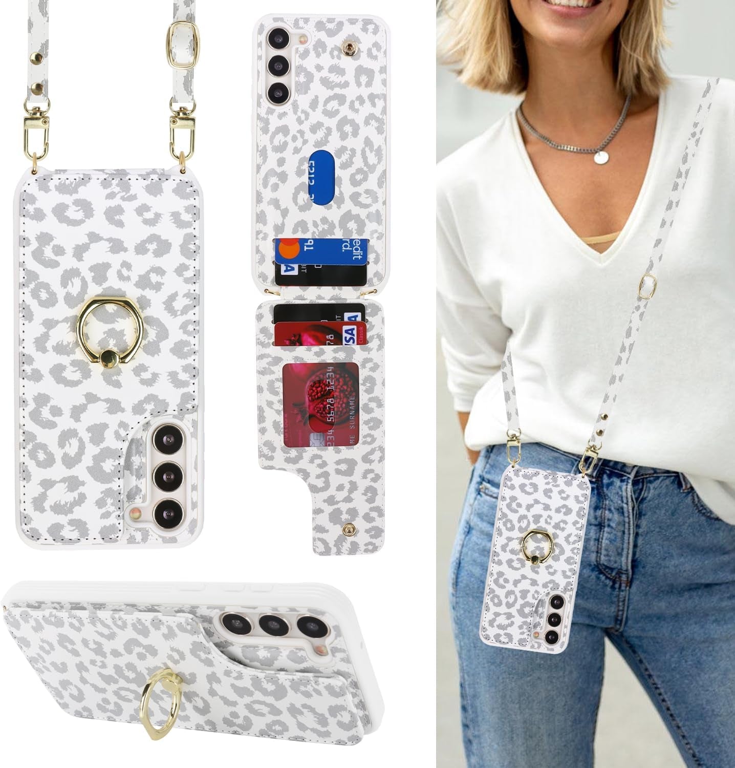 For Samsung Galaxy S22 Ultra Case with Card Holder and Strap for Women,Crossbody Lanyard,Ring Stand,Snap Clasp,Phone Wallet Cases 6.8 Inch(Purple)