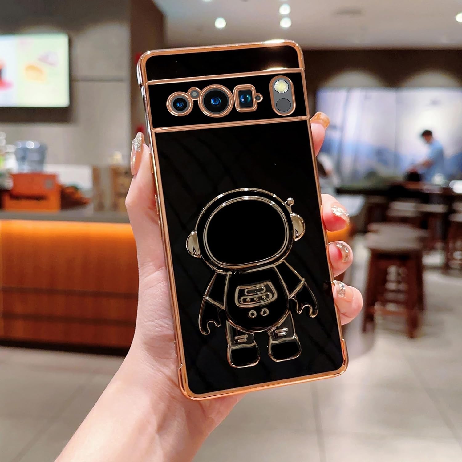 Phylla Phone Case for Google Pixel 8 Pro 6.7” 5G,Luxury Plating Astronaut Stand Holder Phone Case with Cute Love Heart Side Small Pattern Soft Silicone Shockproof Kickstand Cover Bumper (Black)  PHYLLA\1   