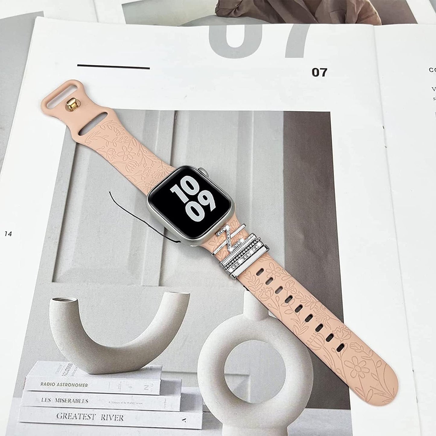 Decorative Rings Loops Compatible with Apple Watch Silicone Bands Metal Diamond Charms 45Mm 44Mm 42Mm 41Mm 40Mm 38Mm Iwatch Series 8 7 6 5 4 3 2 1 Accessories(Silver) (Z)