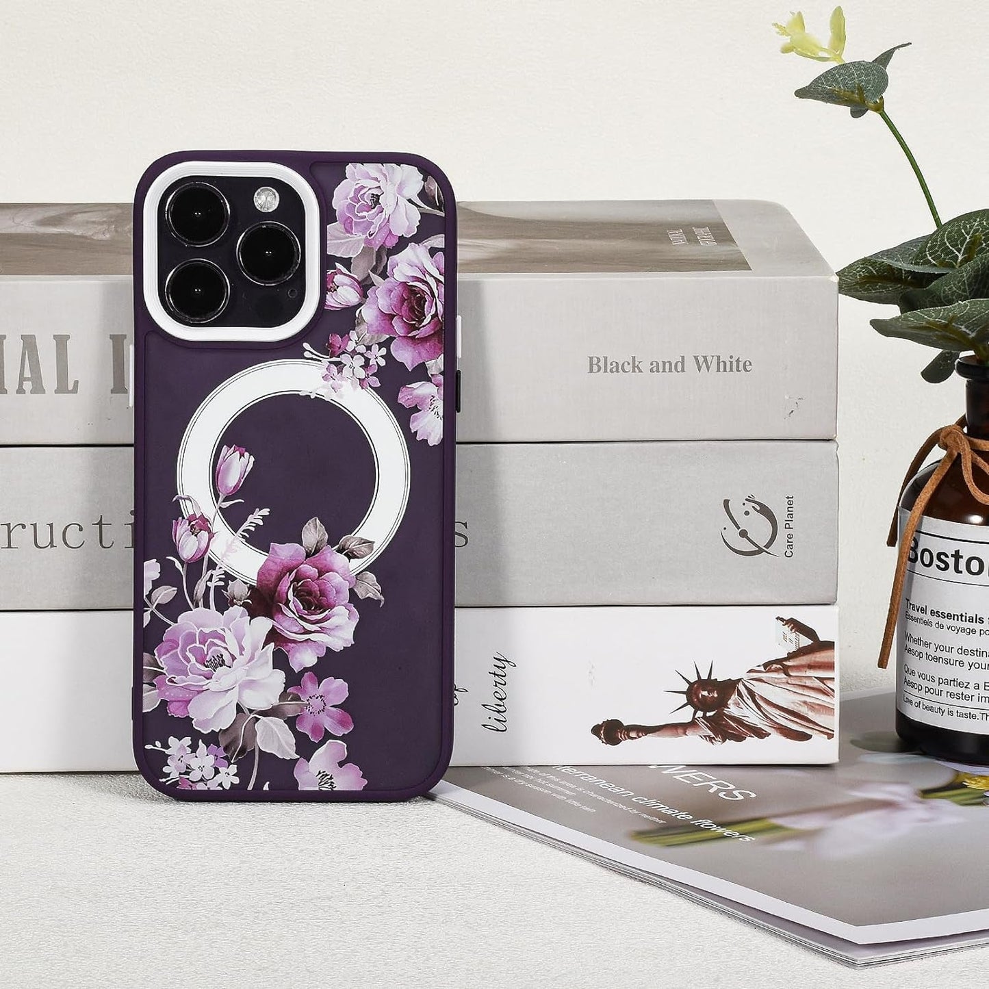 Eiyikof Compatible with Iphone 15 Pro Magnetic Matte Translucent Case [Luxury Shockproof Magsafe Case] [Cute Flower Pattern Hard Back Cover] Iphone 15 Pro Case for Women Girls-Purple Floral  Eiyikof   
