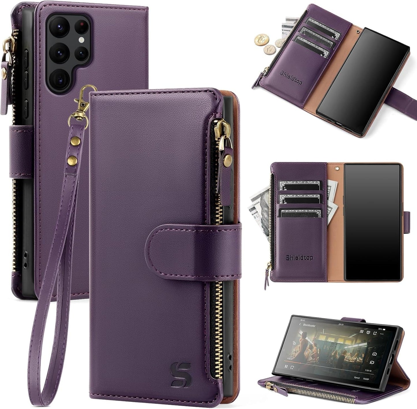 For Samsung Galaxy S22 Ultra 5G Wallet Case,Galaxy S22 Ultra Phone Case PU Leather Flip Folio Protective Cover Zipper Pocket Credit Card Slots Holder RFID Blocking,For Women Men,Wine Red