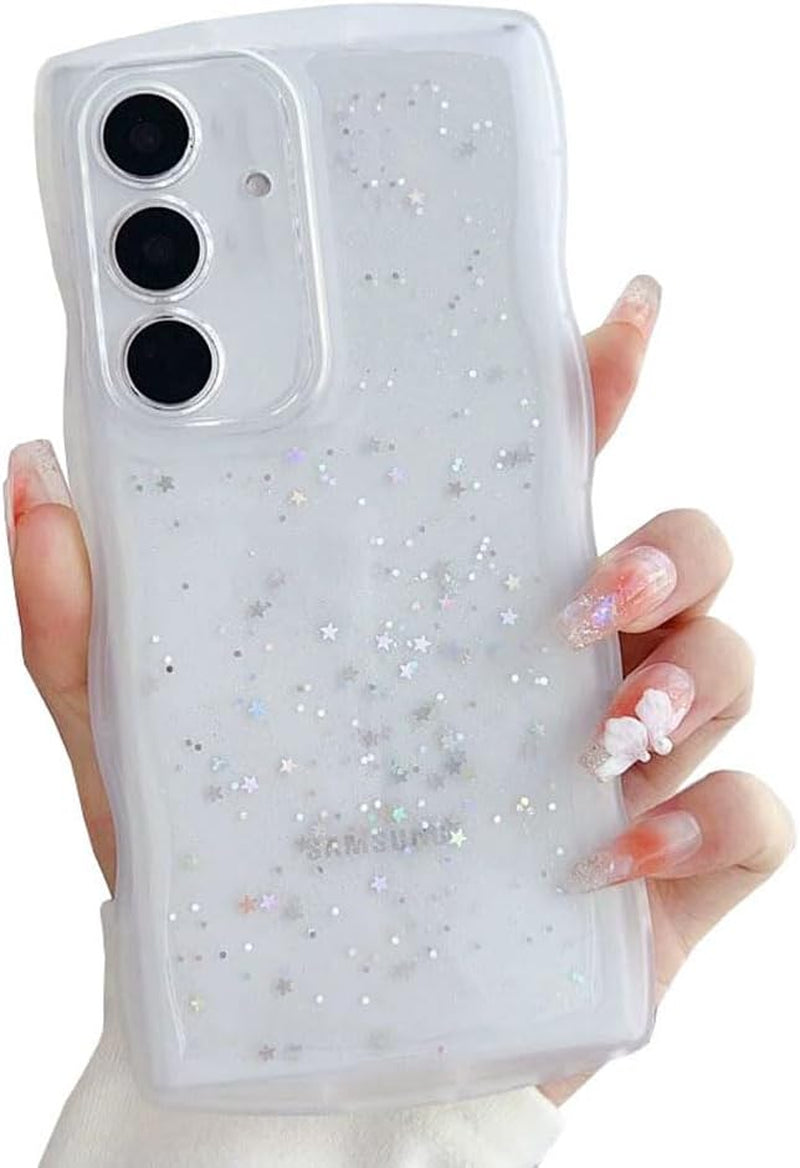 Compatible with Galaxy A53 5G Case for Women Girls Glitter Sparkly Bling Camera Lens Protector Cute Curly Wave Frame Shockproof Protective Cover Phone Case for Samsung Galaxy A53 5G(BLUE)
