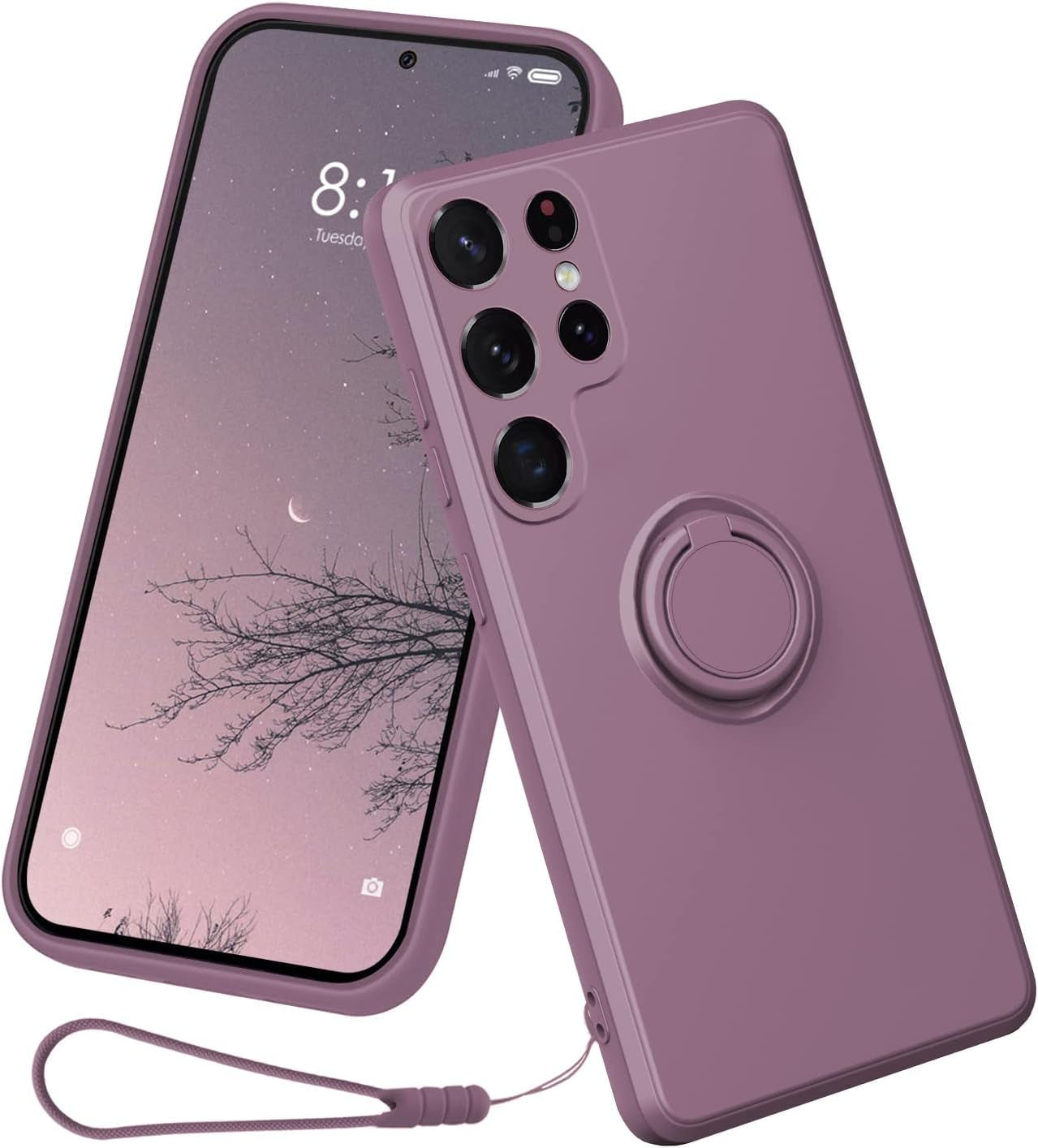 Case Compatible with Samsung Galaxy S22 Ultra（5G 2022 Released）, Silicone with Ring 360°Rotatable Kickstand Case Support Magnetic Car Mount，Protective Cover with Strap (Red)