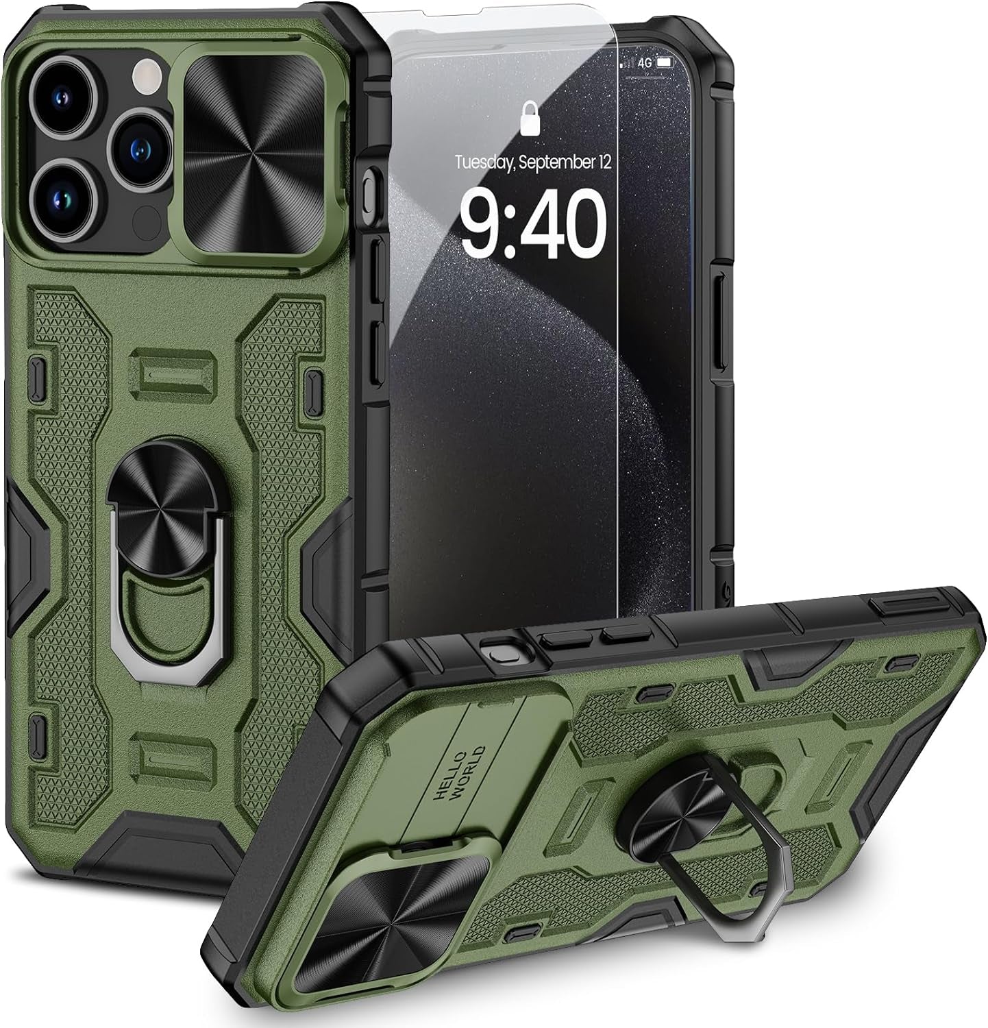 NULETO for Iphone 15 Pro Max Stand Case with Rotatable Kickstand [Ring Holder] and Slid Camera Cover, 15 Pro Max Phone Case with Screen Protector and Magnetic Magnet for Iphone 15 Promax 6.7, Grey  NULETO Green  