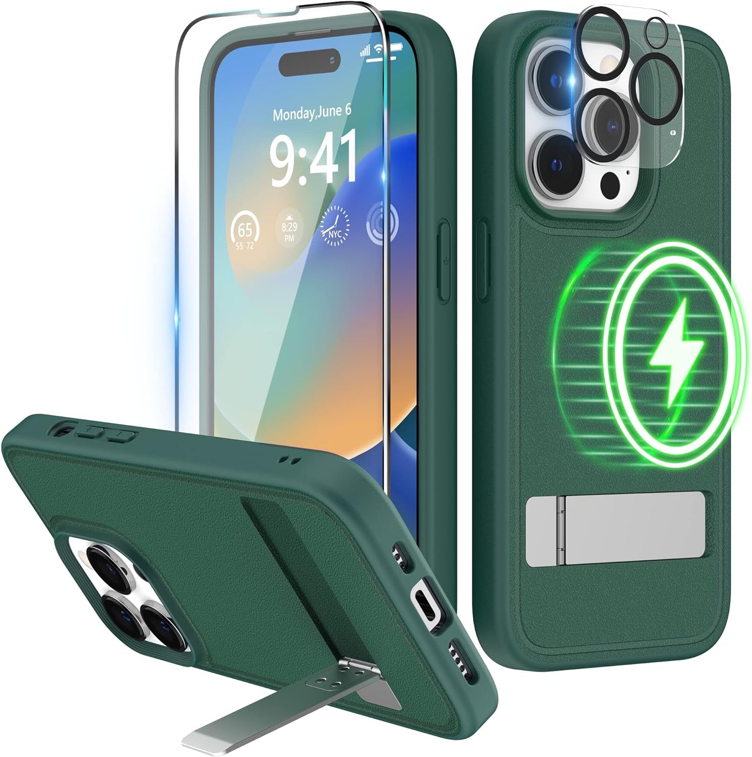 Niunisi Magnetic Case for Iphone 14 Pro Case 6.1-Inch (2022), Slim Kickstand with Screen Protector Compatible with Magsafe Shockproof Translucent Matte Cases Phone Case Cover, Black  Niunisi Green  