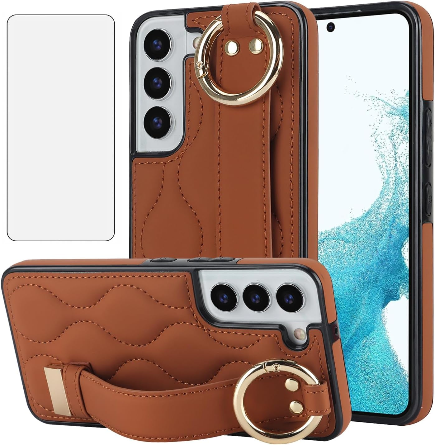 Asuwish Phone Case for Samsung Galaxy S22 plus S22+ 5G Cover with Screen Protector and Wrist Strap Kickstand Wristband Holder Ring Silicone Rubber Cell S22+5G S22Plus 22S + S 22 22+ Women Men Brown