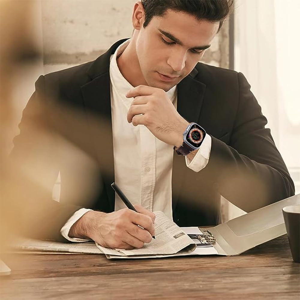 Band Compatible with Apple Watch Ultra 2/1 49Mm 45Mm 44Mm 42Mm 41Mm 40Mm 38Mm Series 9/8/SE/7/6/5/4/3/2, Vintage Leather Iwatch Strap for Men Women