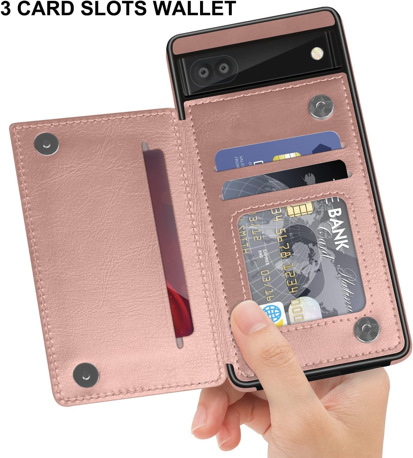 For Google Pixel 6A Case Leather Wallet with Card Holder, Flip Cover Kickstand Card Slots Magnetic Closure Shockproof Heavy Duty Protective Case for Google Pixel 6A 6.1Inch 5G-Rose Gold  Bizzib   