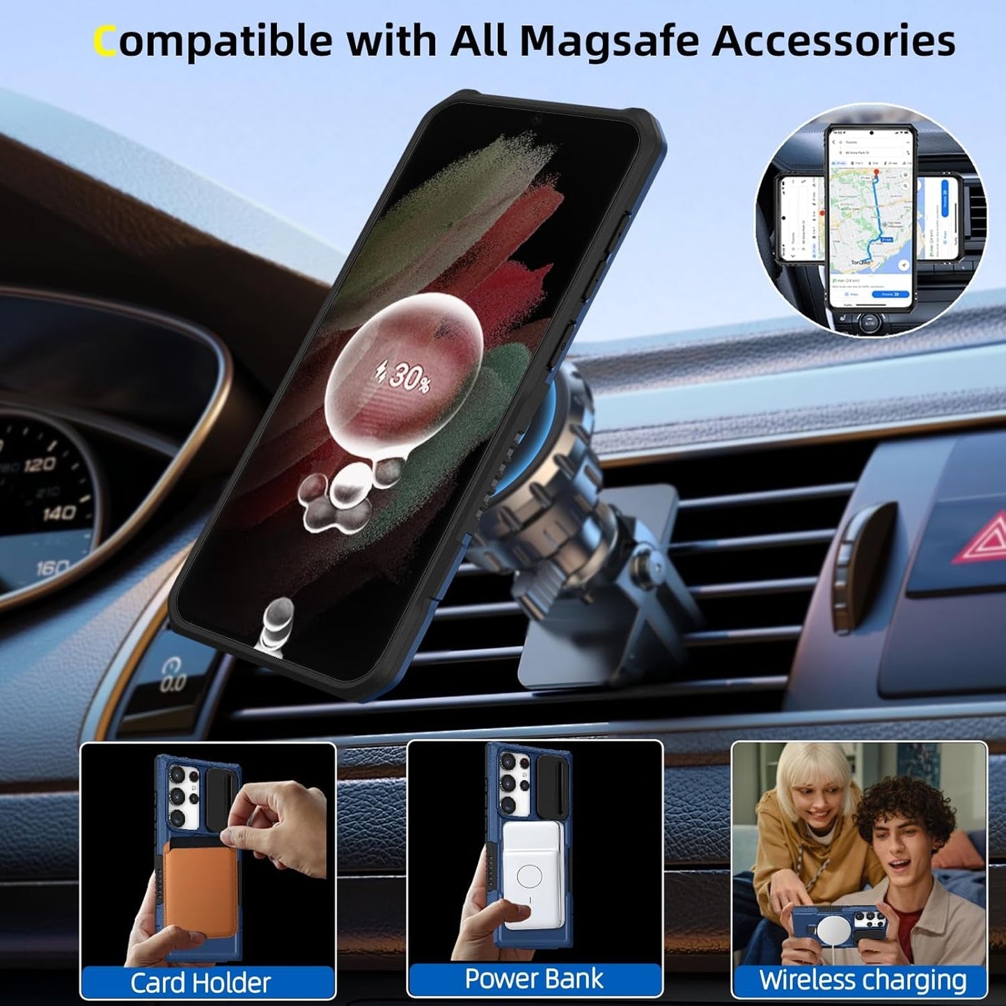 For Samsung Galaxy S21 Ultra Case Compatible with Magsafe Galaxy S21 Ultra Case Magnetic,With Screen Protector,With Magnetic Stand&Camera Cover Protection Shockproof Galaxy S21Ultra Case Blue